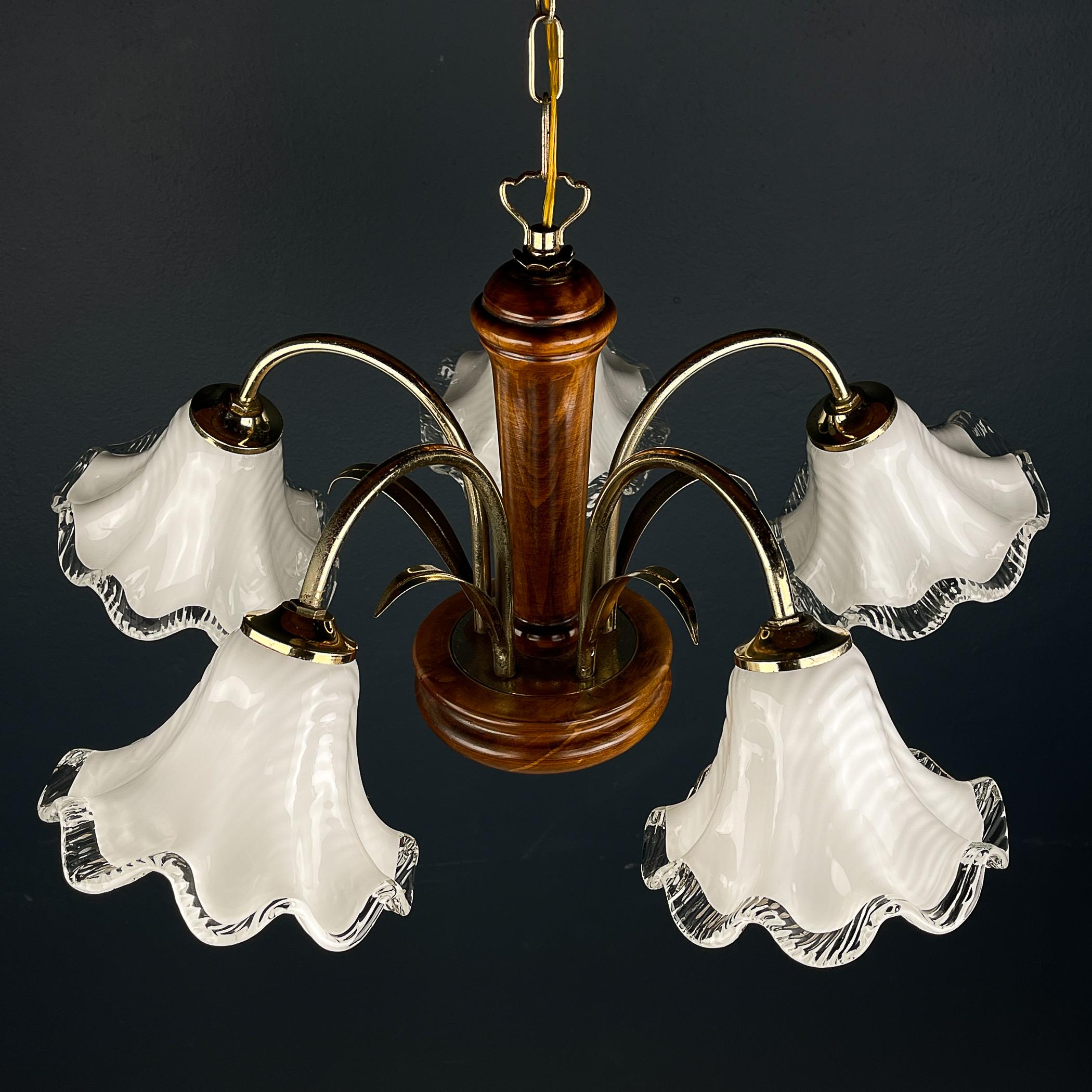 Vintage murano glass and wood chandelier Italy 1970s  For Sale 7