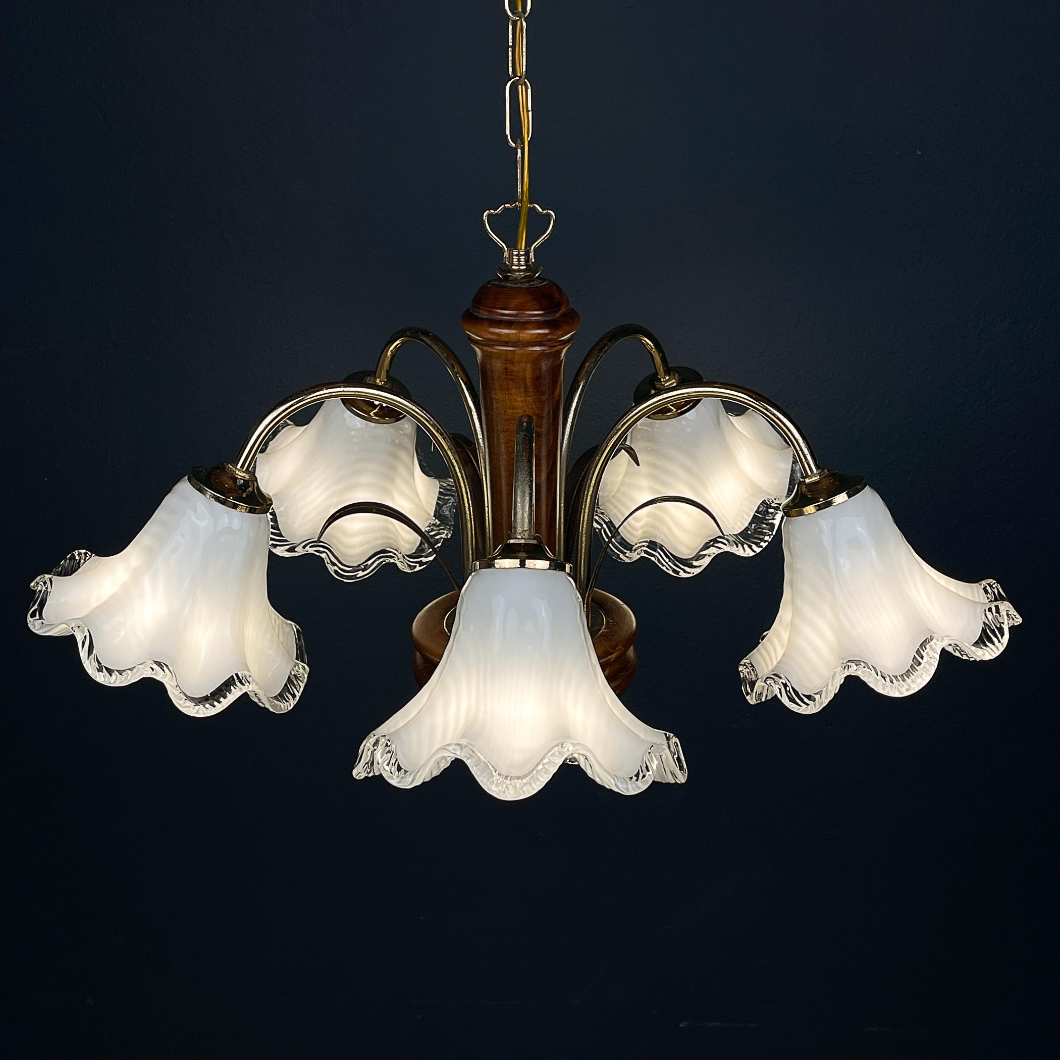 Mid-Century Modern Vintage murano glass and wood chandelier Italy 1970s  For Sale