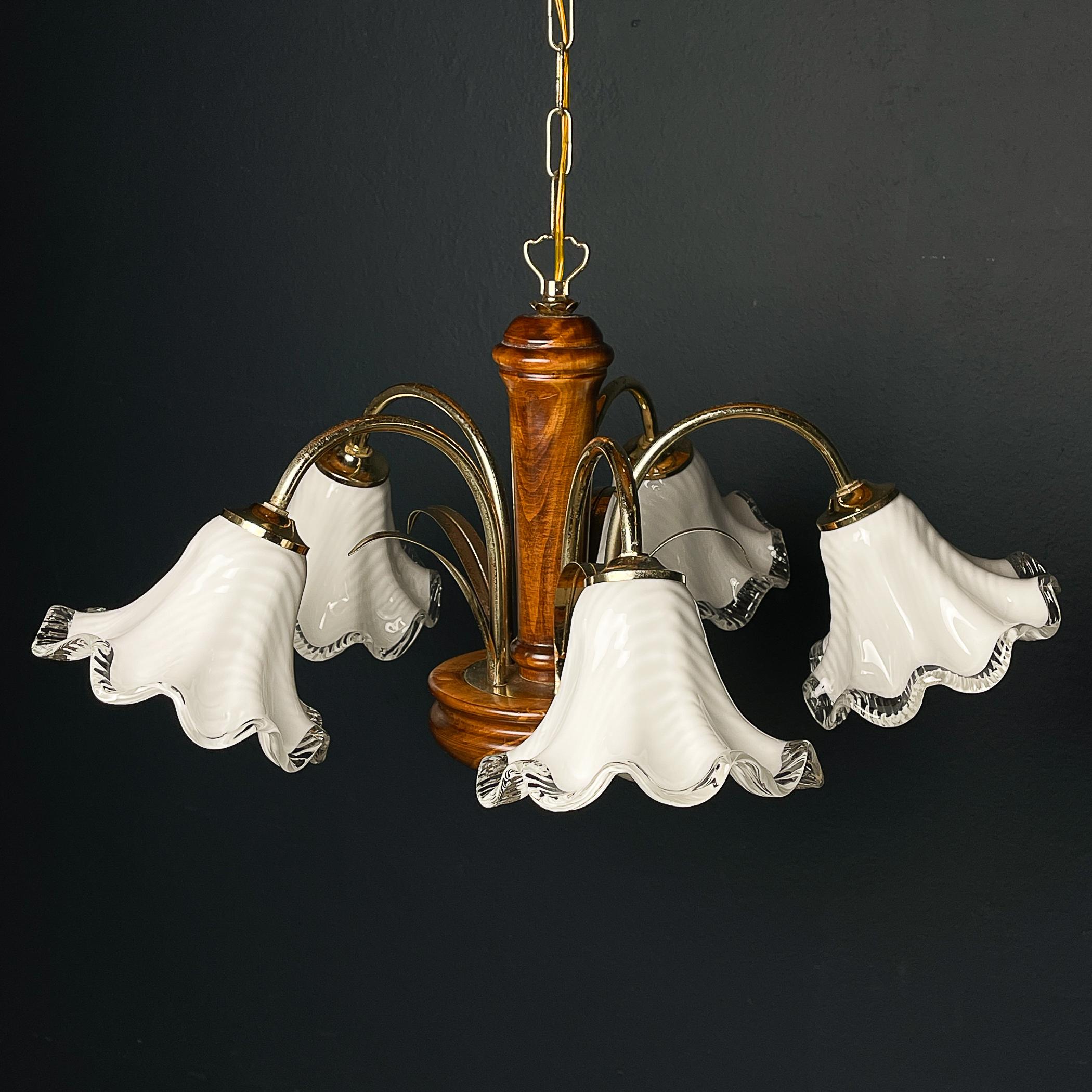 20th Century Vintage murano glass and wood chandelier Italy 1970s  For Sale