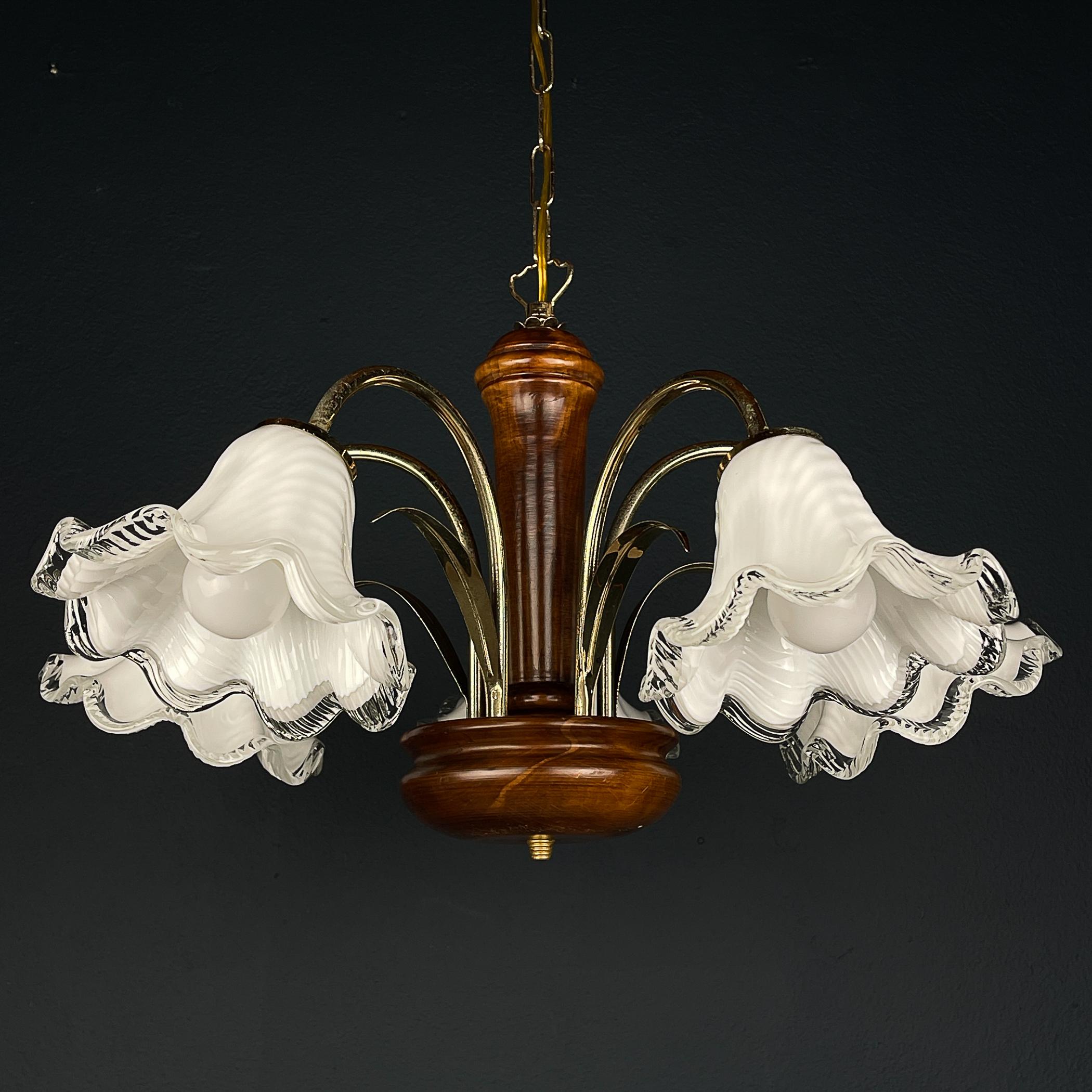 Vintage murano glass and wood chandelier Italy 1970s  For Sale 1