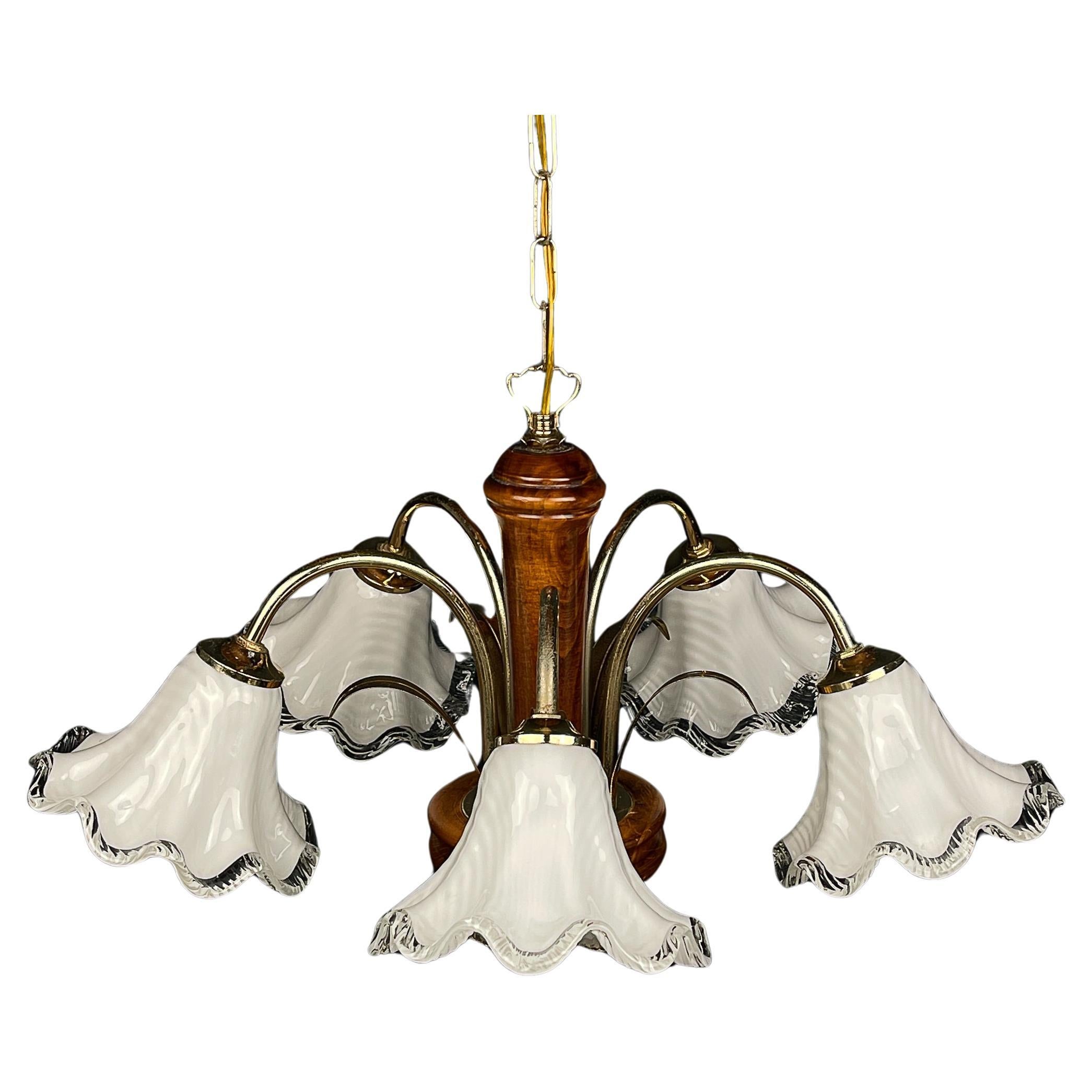 Vintage murano glass and wood chandelier Italy 1970s 