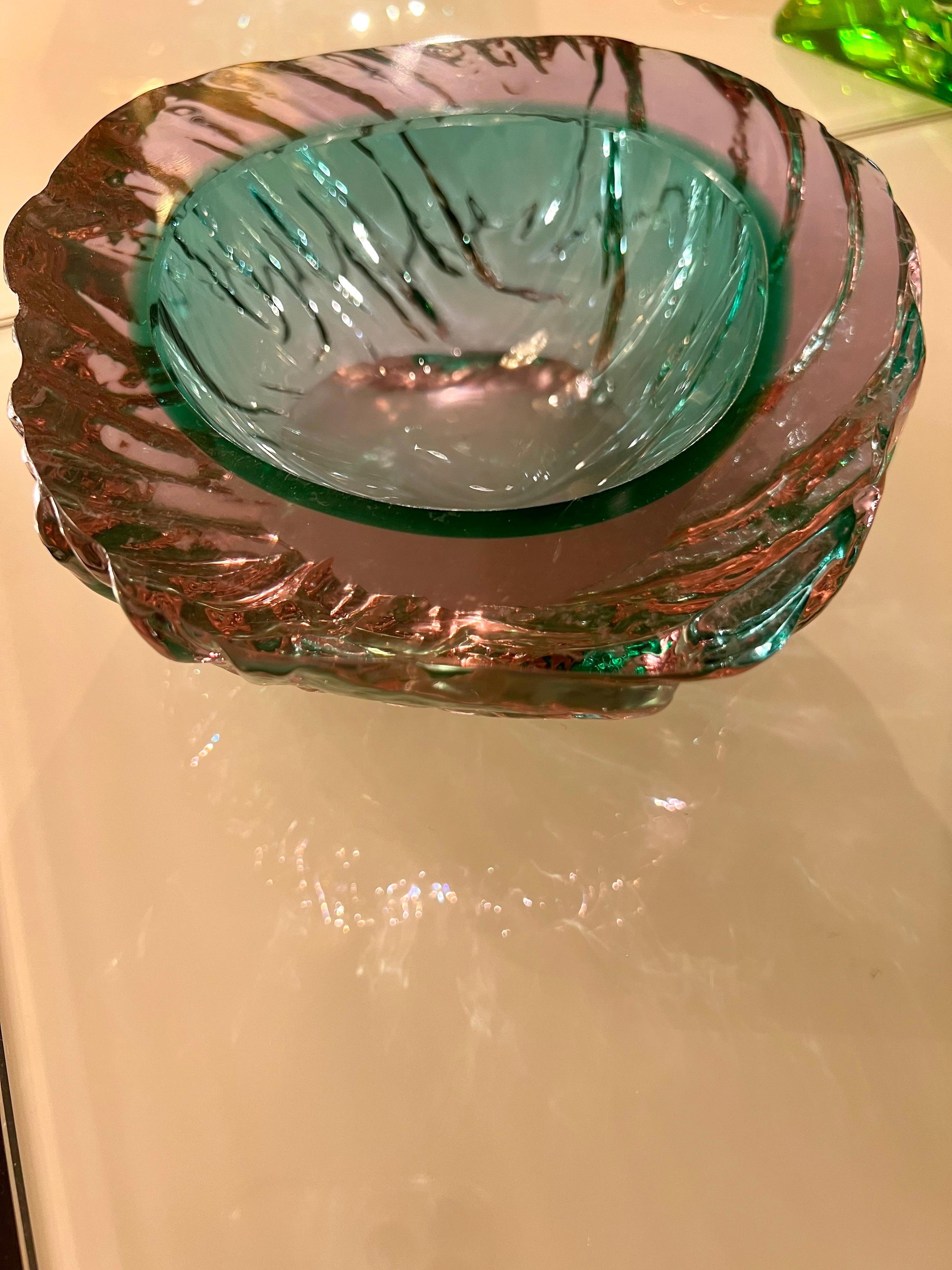 Vintage Murano Glass Ashtray Green and Pink Double Color, 1950s 3