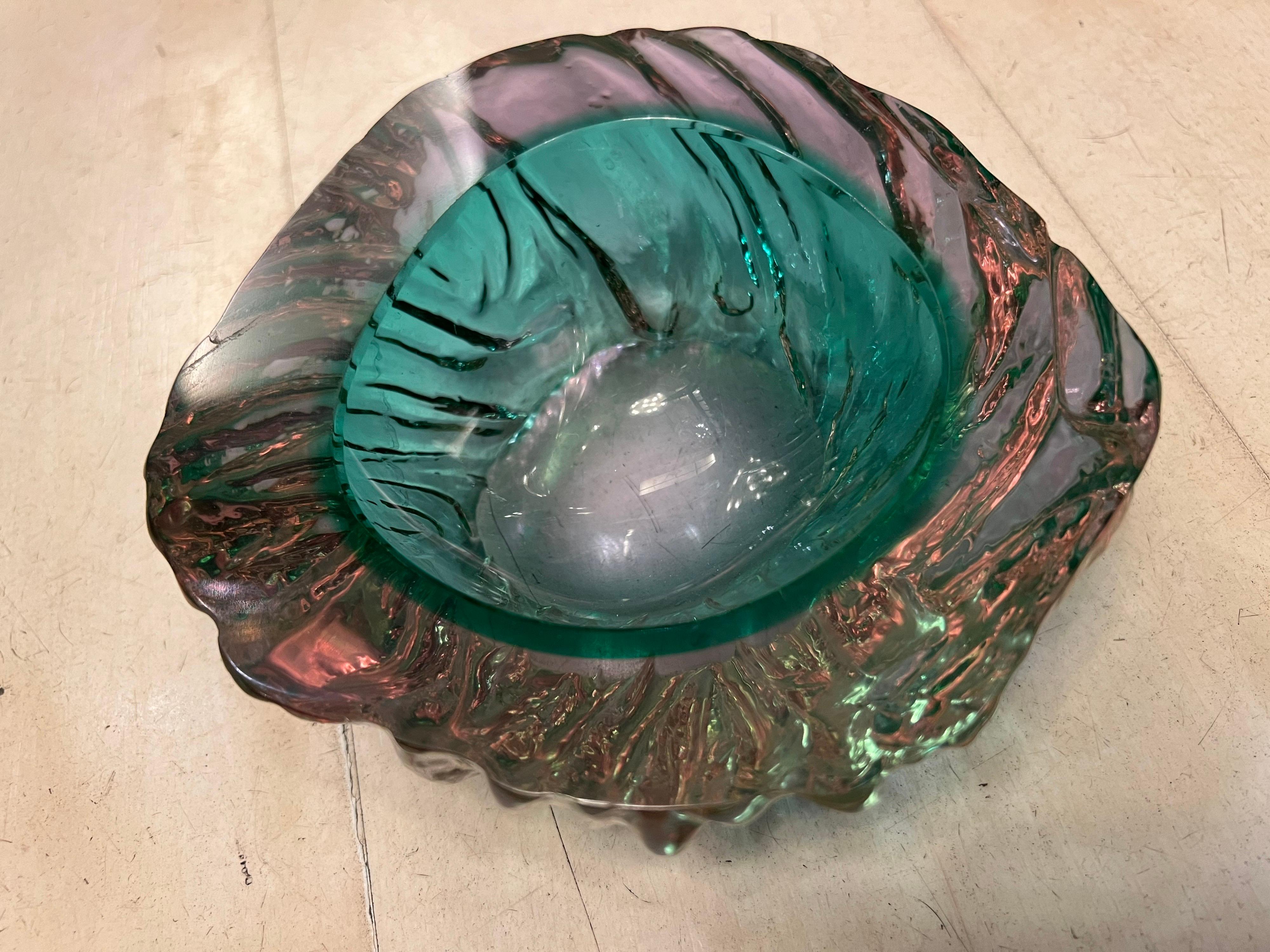 Vintage Murano Glass Ashtray Green and Pink Double Color, 1950s 4