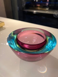 Vintage Murano Glass Ashtray Turquoise and Pink Color by Flavio Poli, 1950s