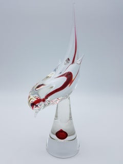 Vintage Murano glass bird on base, clear & ruby pink, by Cenedese, design Da Ros