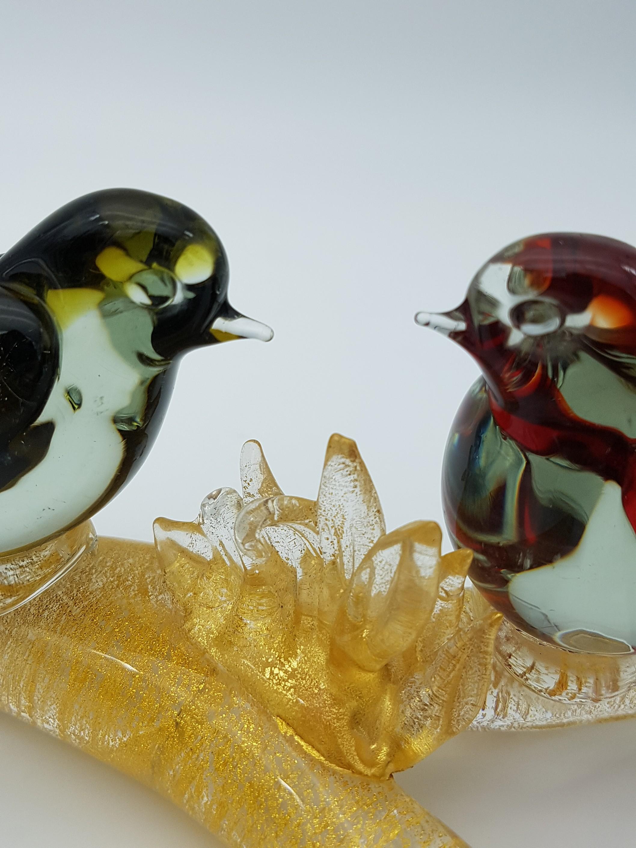Vintage Murano Glass Birds on Branch in Red and Green Color by Cenedese, 1960s For Sale 4