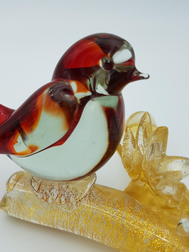 Vintage Murano Glass Birds on Branch in Red and Green Color by Cenedese