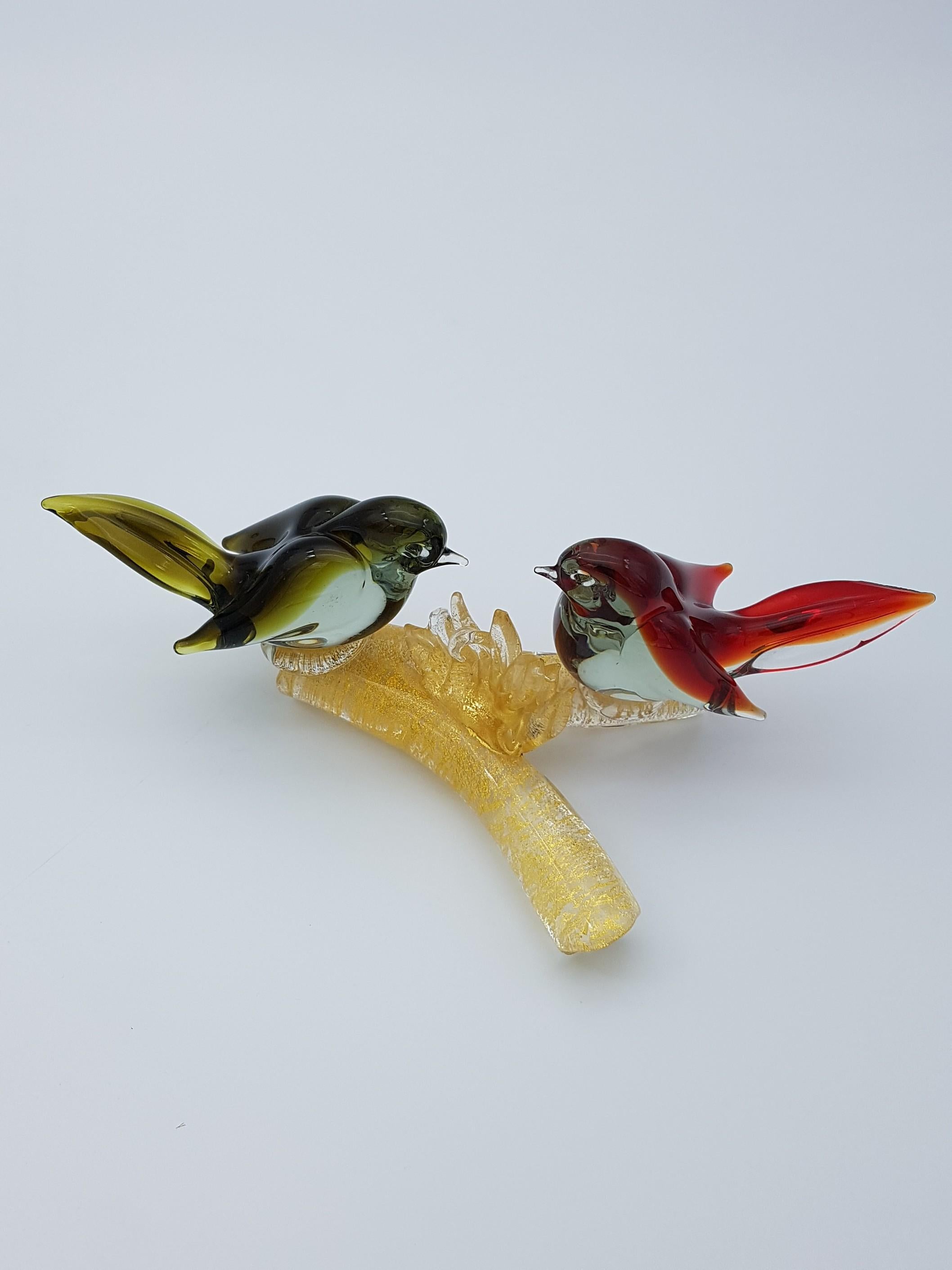 Vintage Murano Glass Birds on Branch in Red and Green Color by Cenedese, 1960s For Sale 8