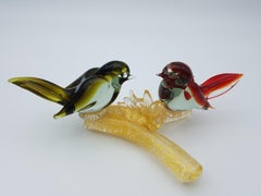 Vintage Murano Glass Birds on Branch in Red and Green Color by Cenedese, 1960s