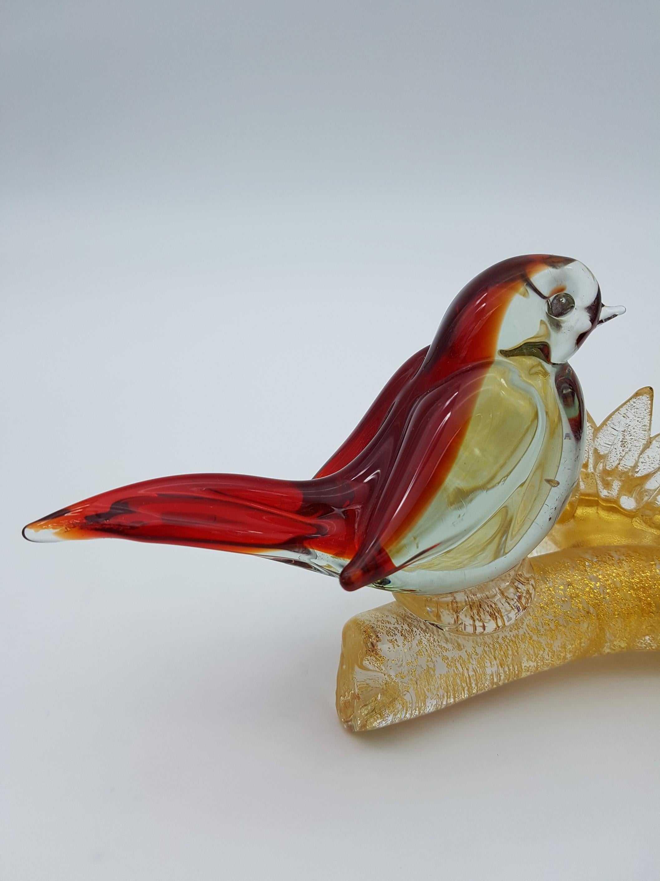 Vintage Murano Glass Birds on Branch in Red and Green Color by Cenedese, 1960s For Sale 1