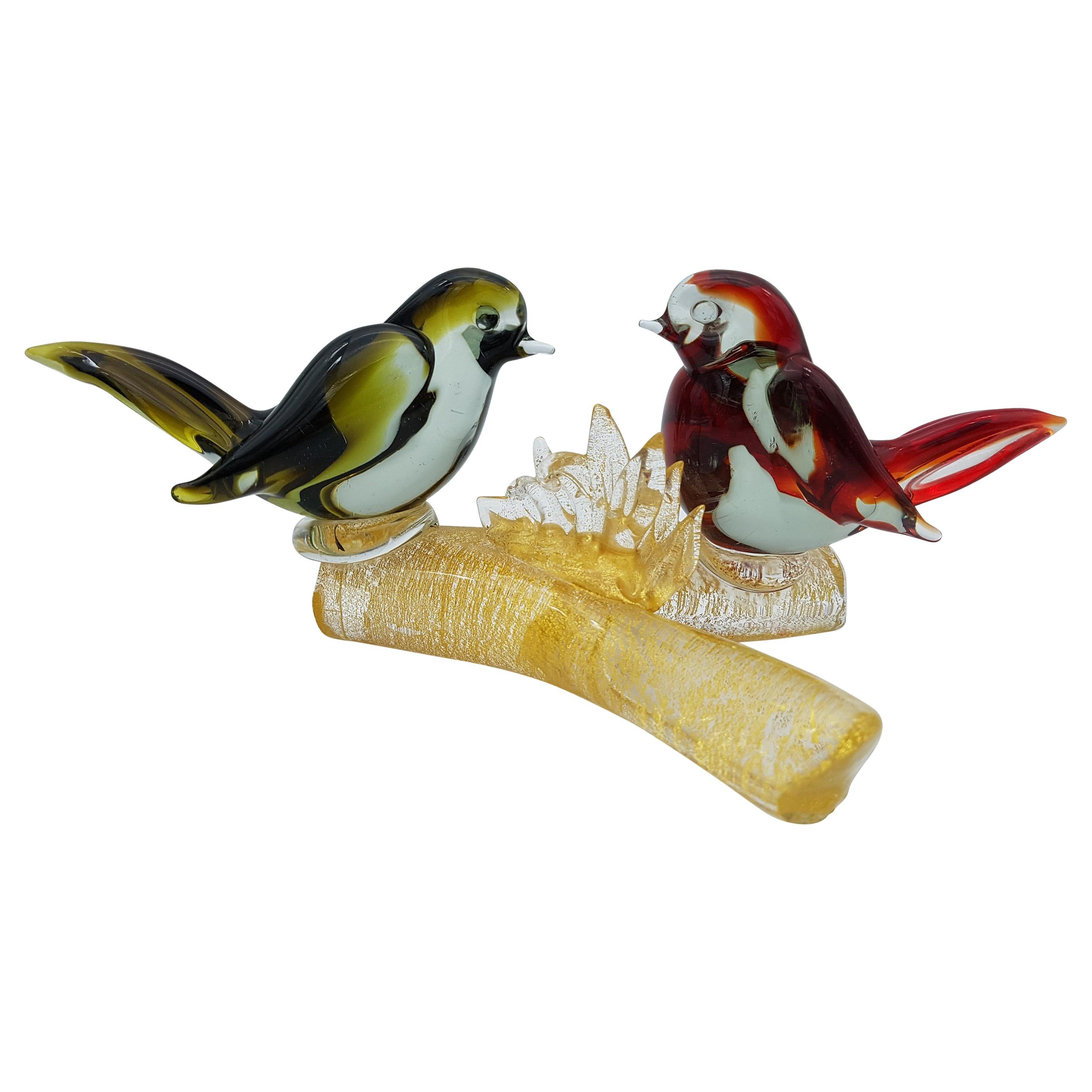 Vintage Murano Glass Birds on Branch in Red and Green Color by Cenedese, 1960s For Sale