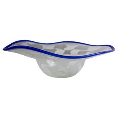 Vintage Murano Glass Bowl - Blue Wavy Rim, Chequered Pattern, 1990s Italy