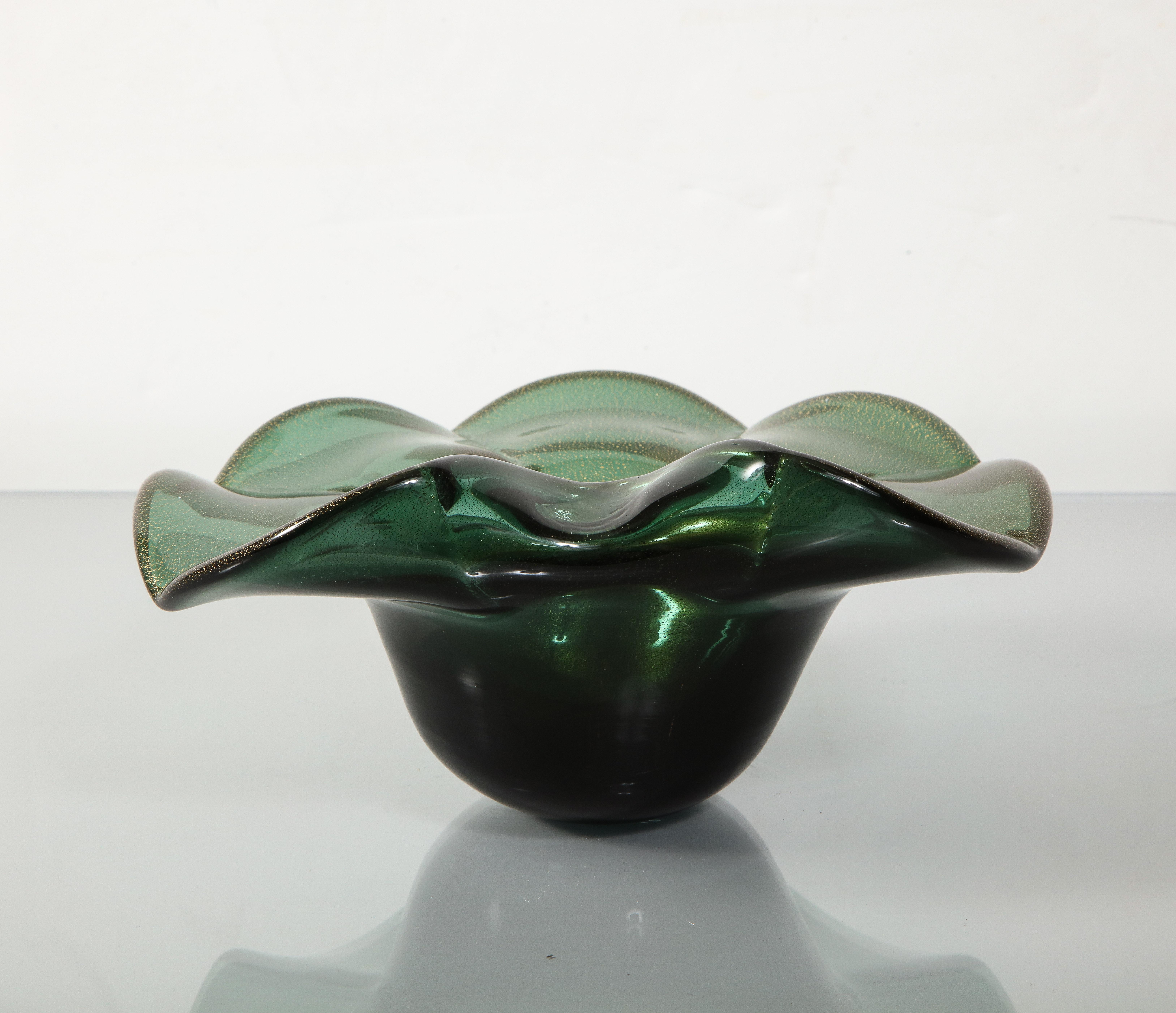 Italian Alberto Donà Murano Green Bullicante and Aventurina Glass Dish 1970's #1