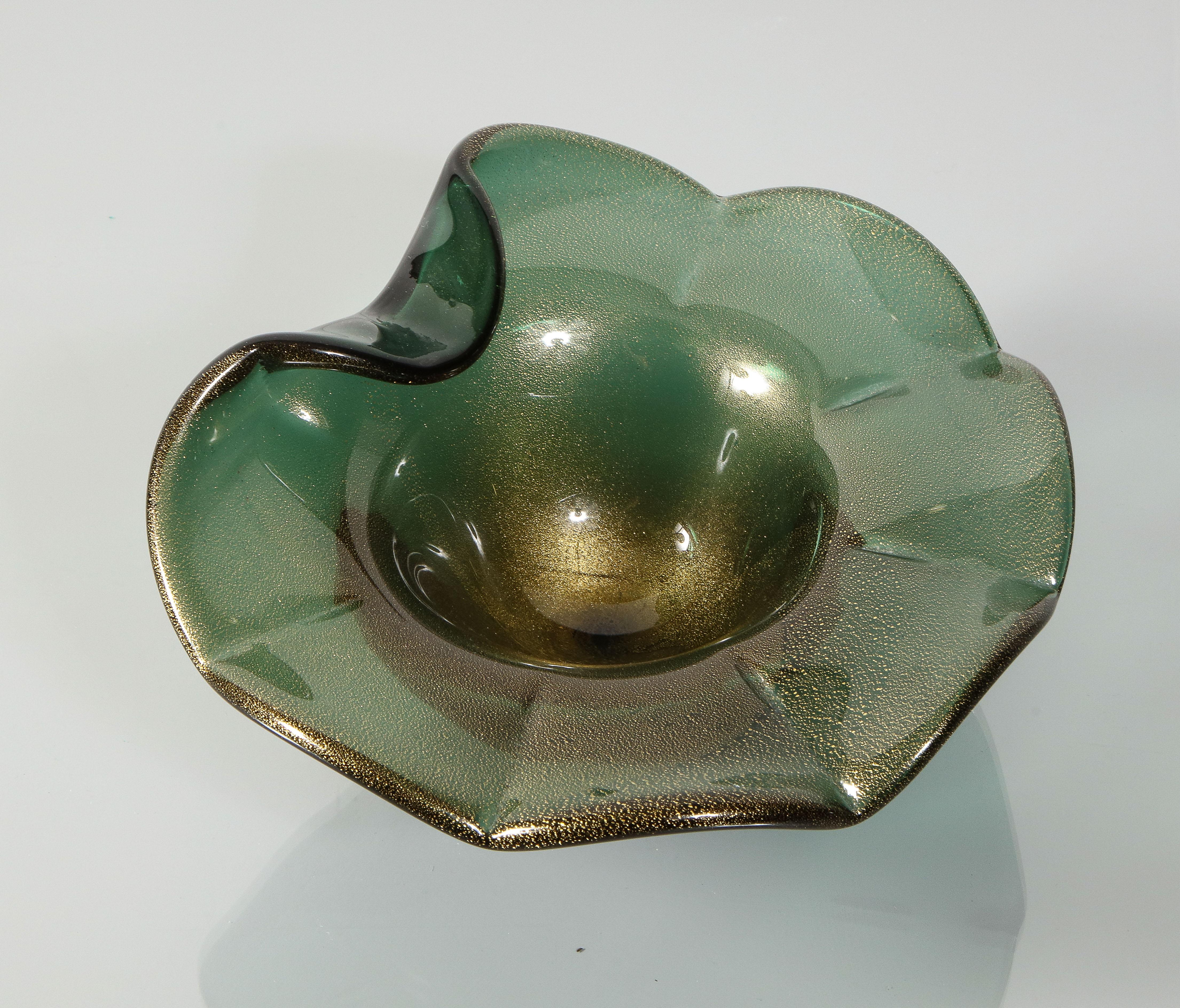 Alberto Donà Murano Green Bullicante and Aventurina Glass Dish 1970's #1 1