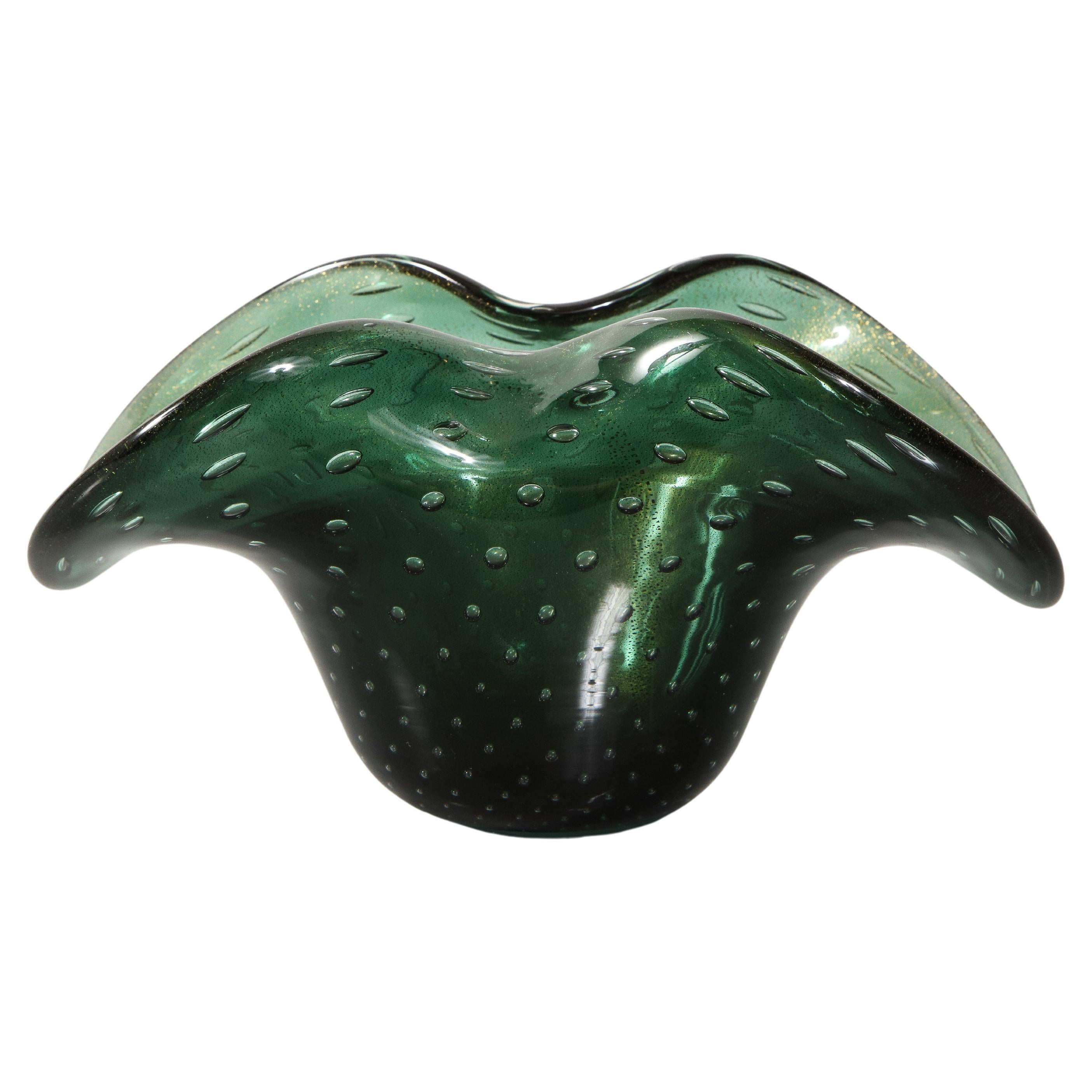 Alberto Donà Murano Green Bullicante and Aventurina Glass Dish 1970's #2