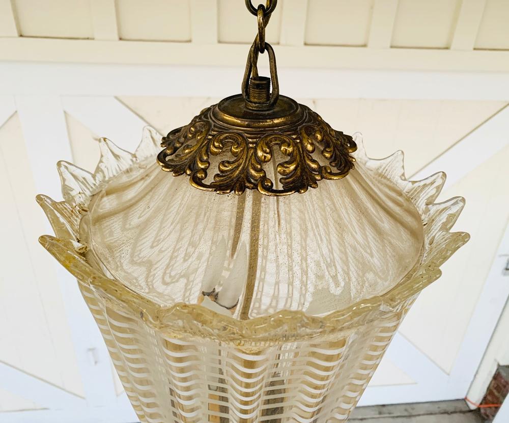 Vintage Murano Glass and Brass Pendant Light In Good Condition In Los Angeles, CA