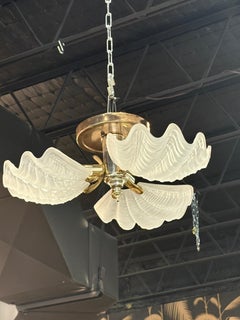 Vintage Murano Glass Ceiling Flush Mount Chandelier 3 Light Scalloped Clam Shell