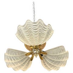 Vintage Murano Glass Ceiling Flush Mount Chandelier 3 Light Scalloped Clam Shell