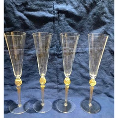 Set of Vintage Murano Glass Champagne Flutes Signed Giovanni Cewoler