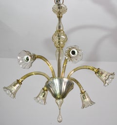 Vintage Murano Glass Chandelier, Amber Color, Six Lights, 1950s Design