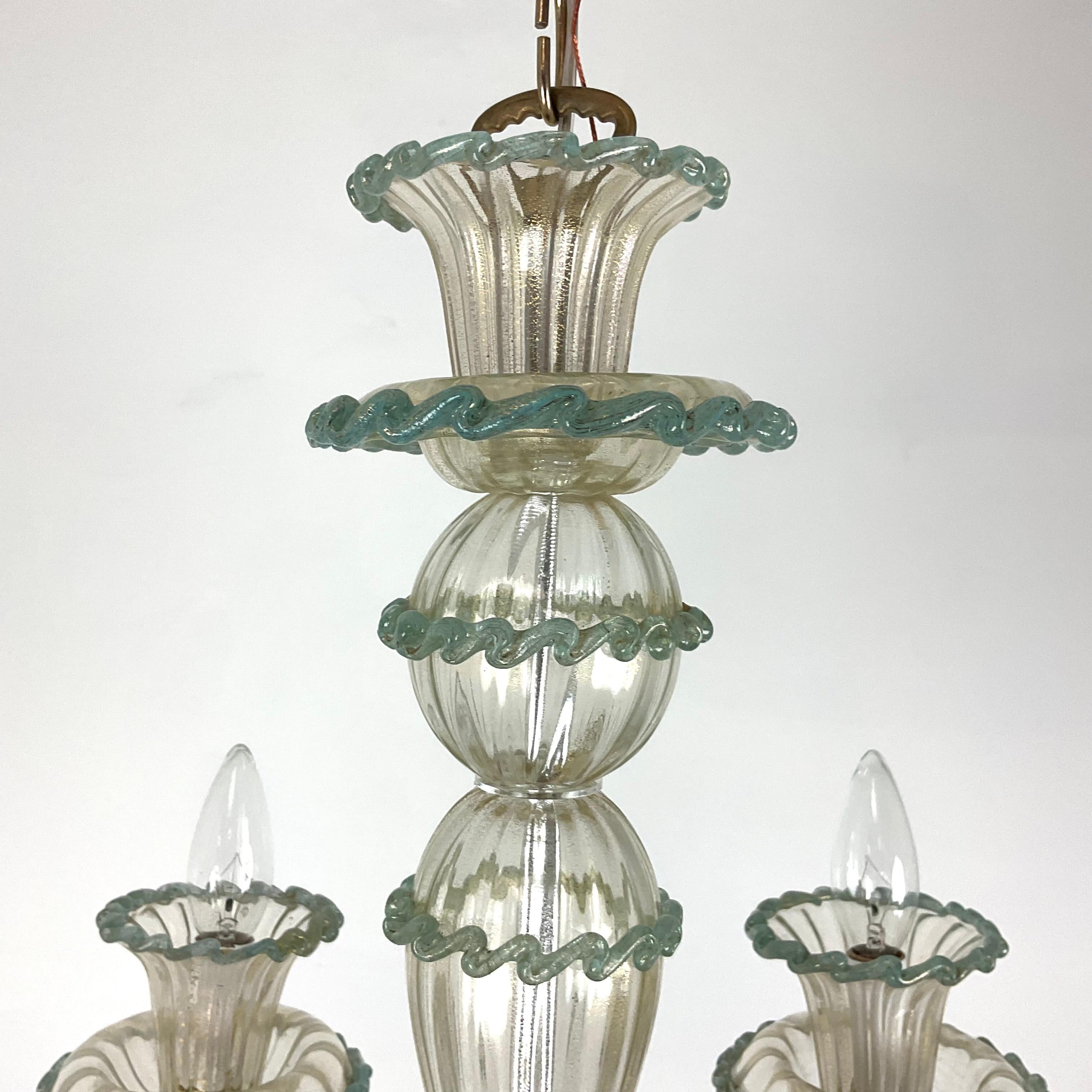 Charming old Venetian Glass mini-Chandelier. Fully restored with all new sockets, wires, chain and canopy. Unusual teal trim glass with gold flecked clear glass. Very charming for a small bedroom/powder room. 