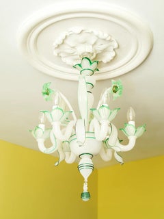 Vintage Murano Glass Chandelier in Green and White, Italy, 20th Century