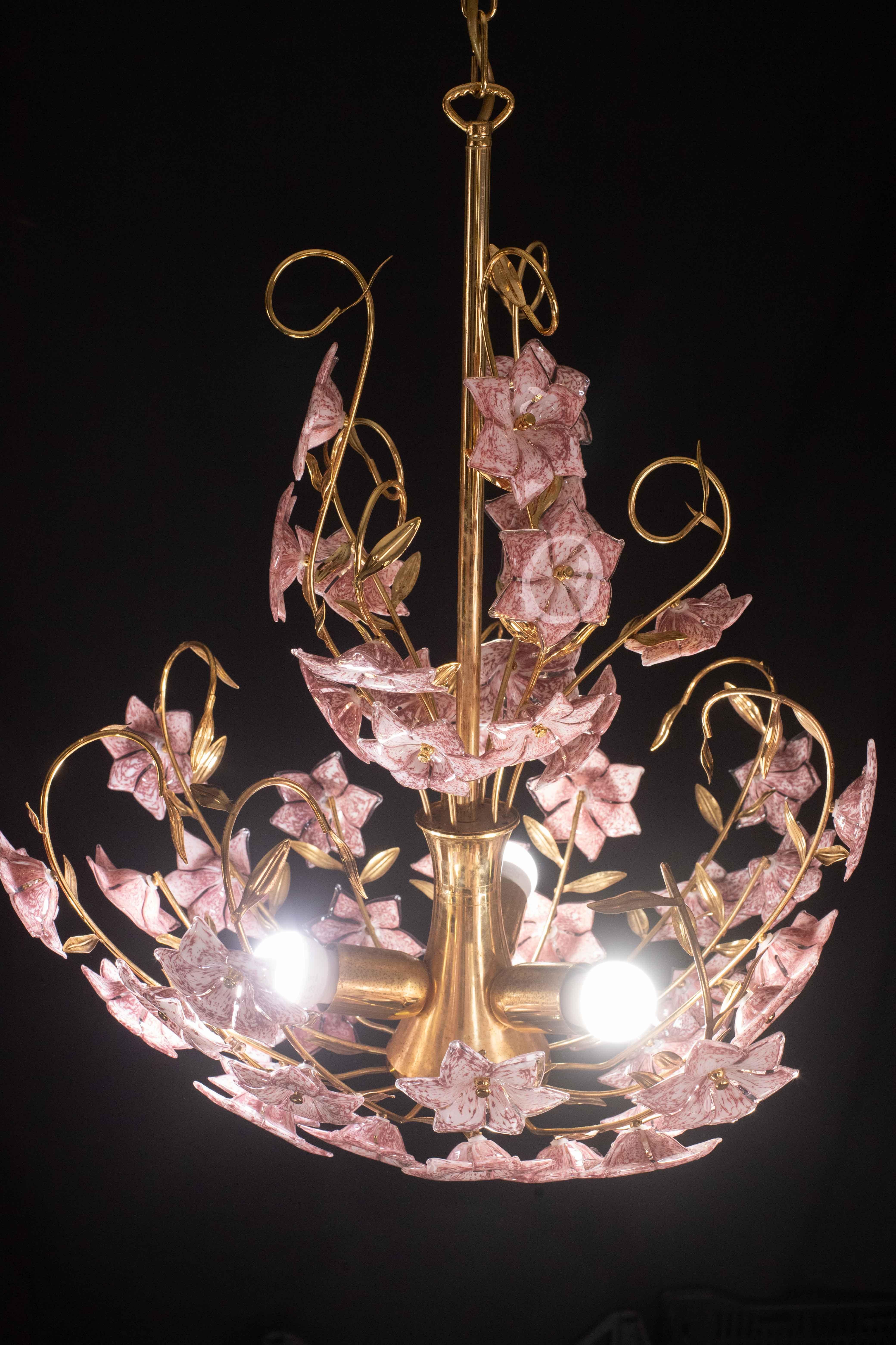 Vintage Murano Glass Chandelier Pink Flowers, 1970 For Sale 5