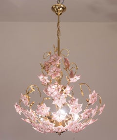Vintage Murano Glass Chandelier Pink Flowers, 1970