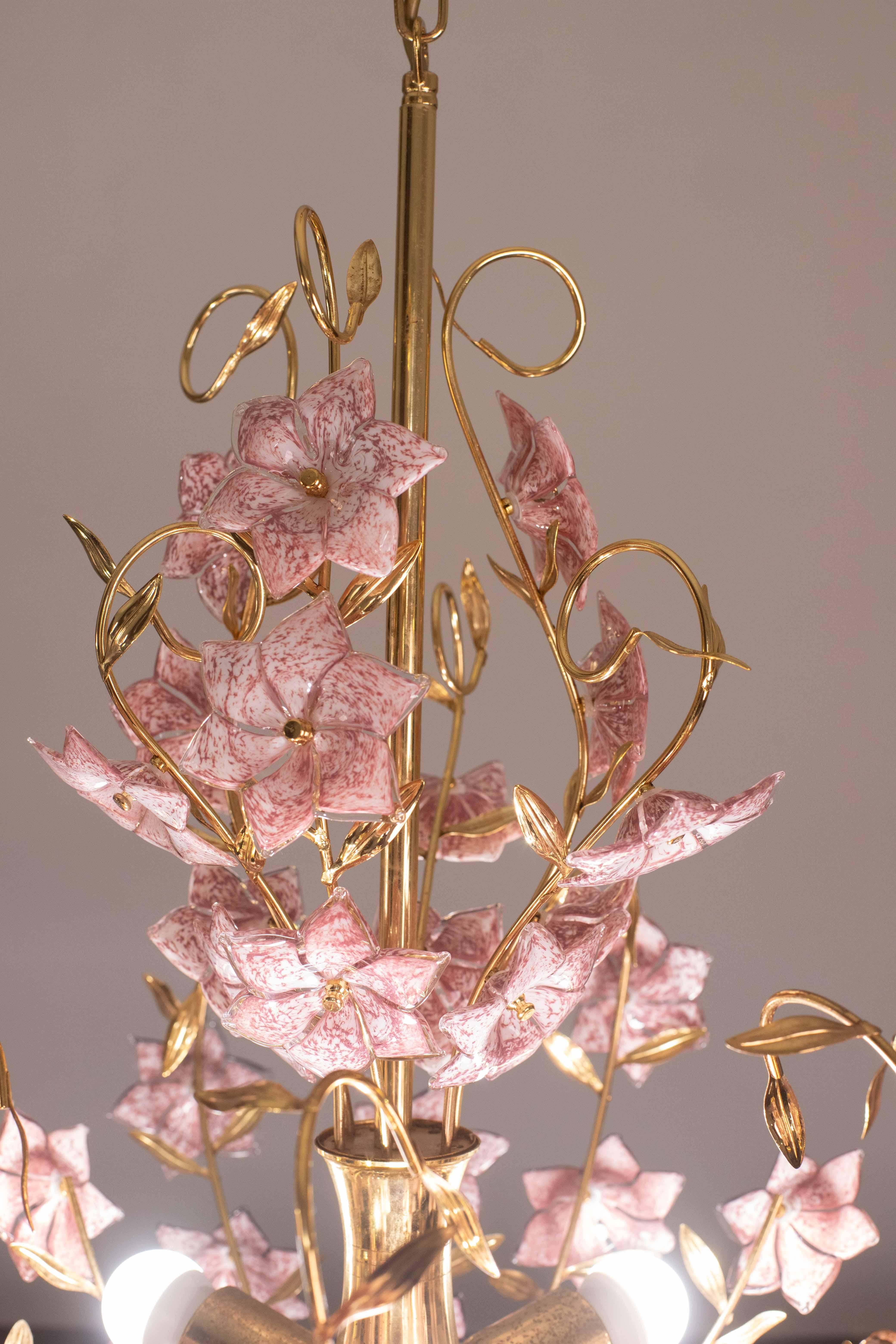 European Vintage Murano Glass Chandelier Pink Flowers, 1970 For Sale