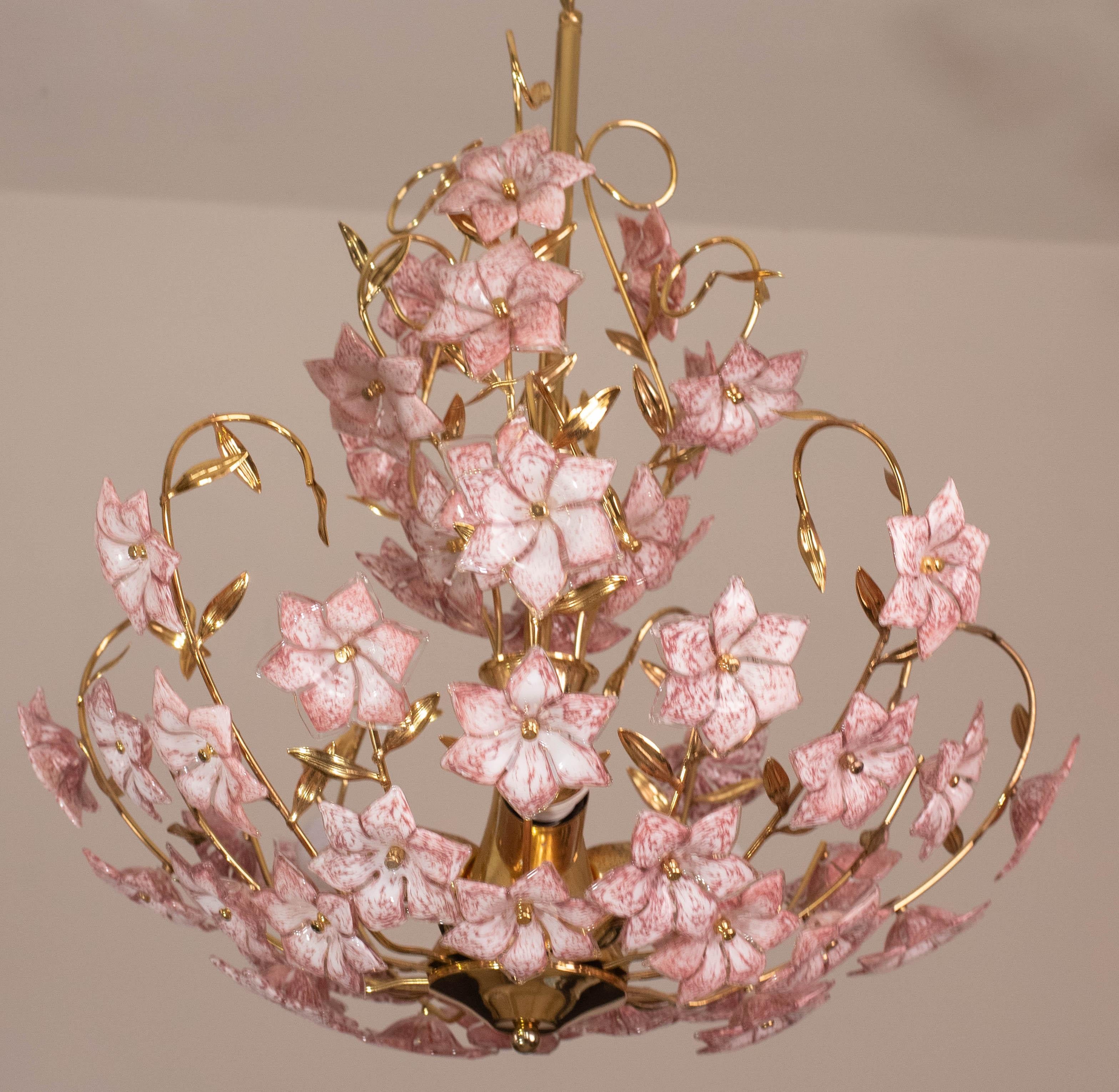 Vintage Murano Glass Chandelier Pink Flowers, 1970 In Good Condition For Sale In Roma, IT