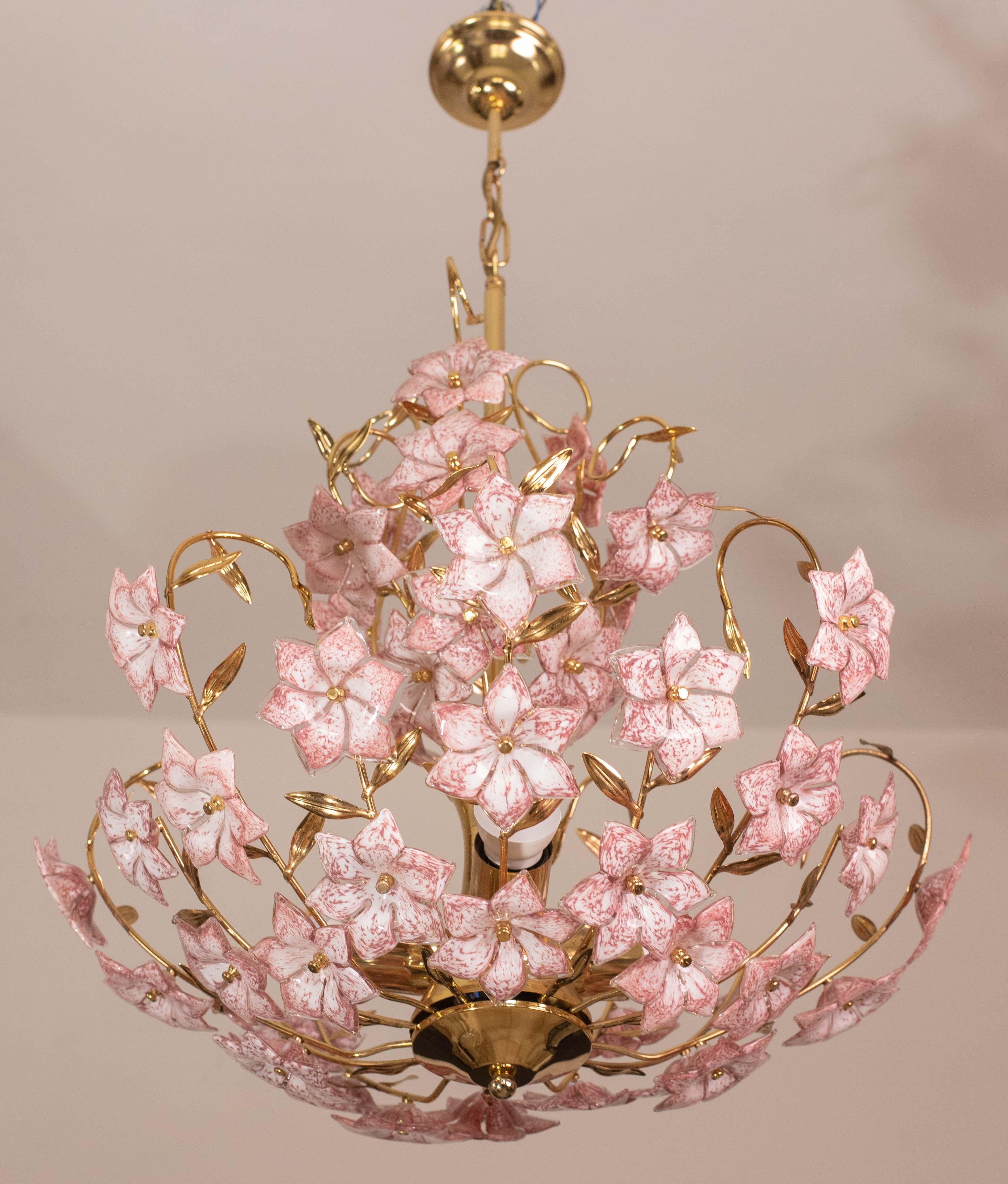Late 20th Century Vintage Murano Glass Chandelier Pink Flowers, 1970 For Sale