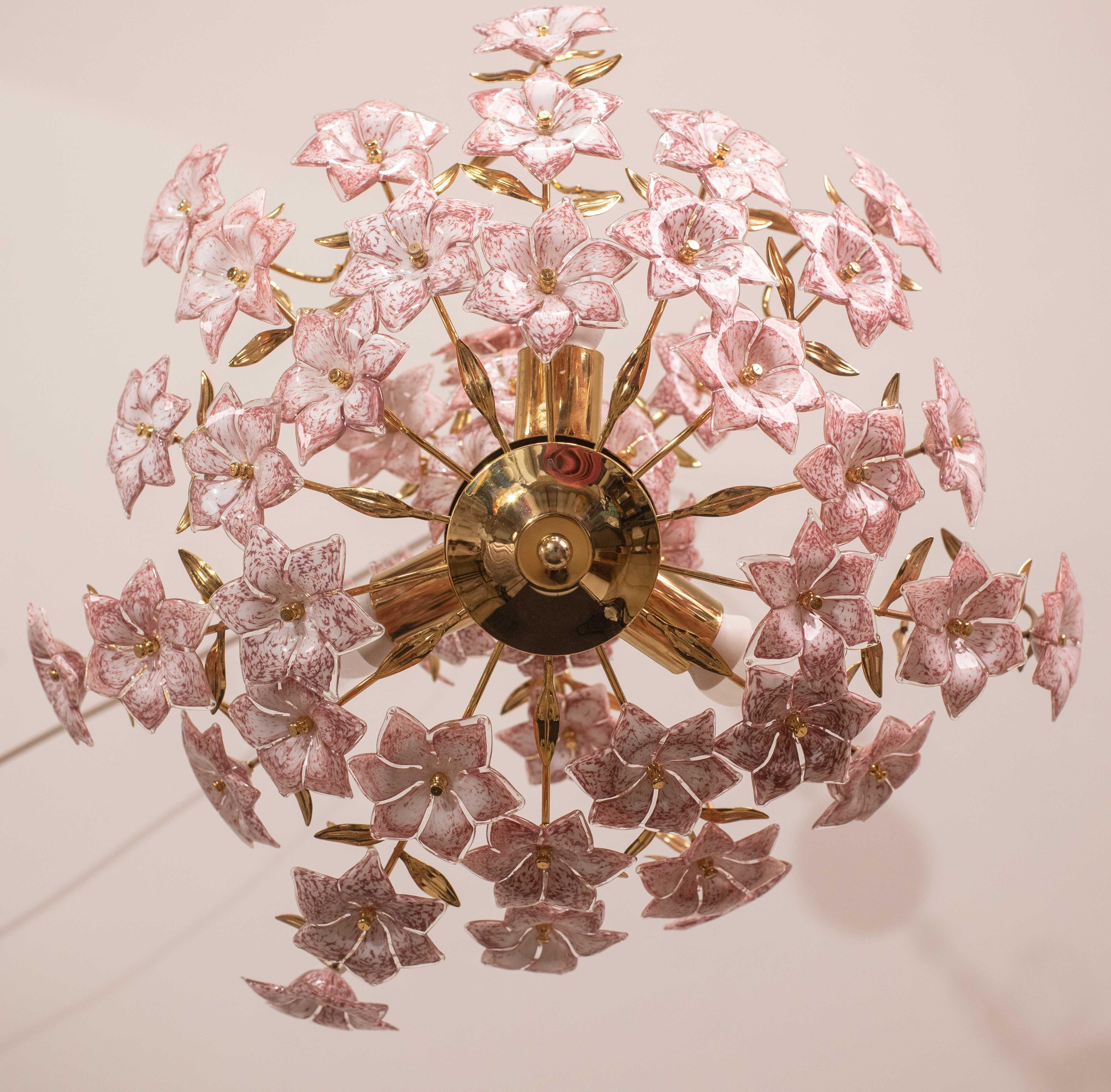 Vintage Murano Glass Chandelier Pink Flowers, 1970 For Sale 1