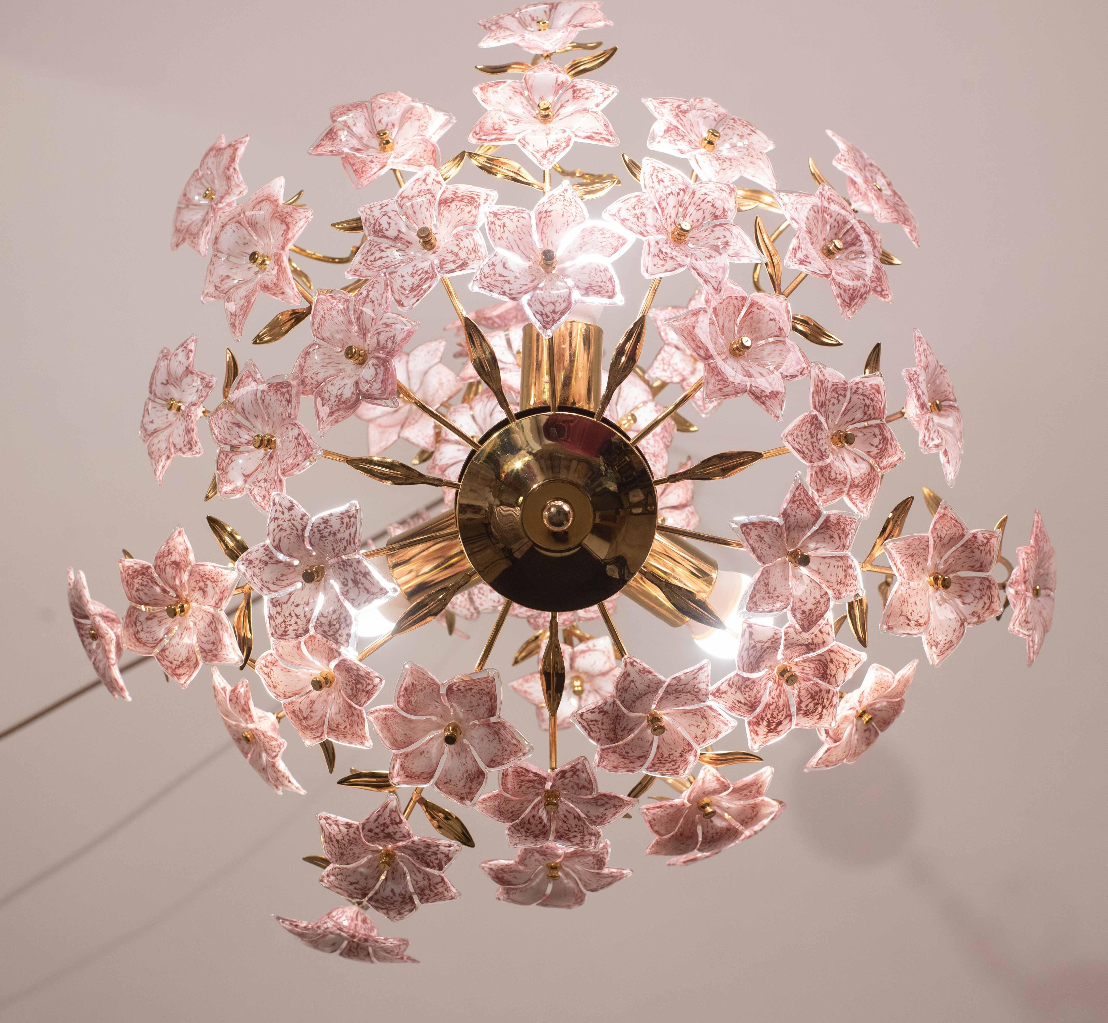Vintage Murano Glass Chandelier Pink Flowers, 1970 For Sale 2