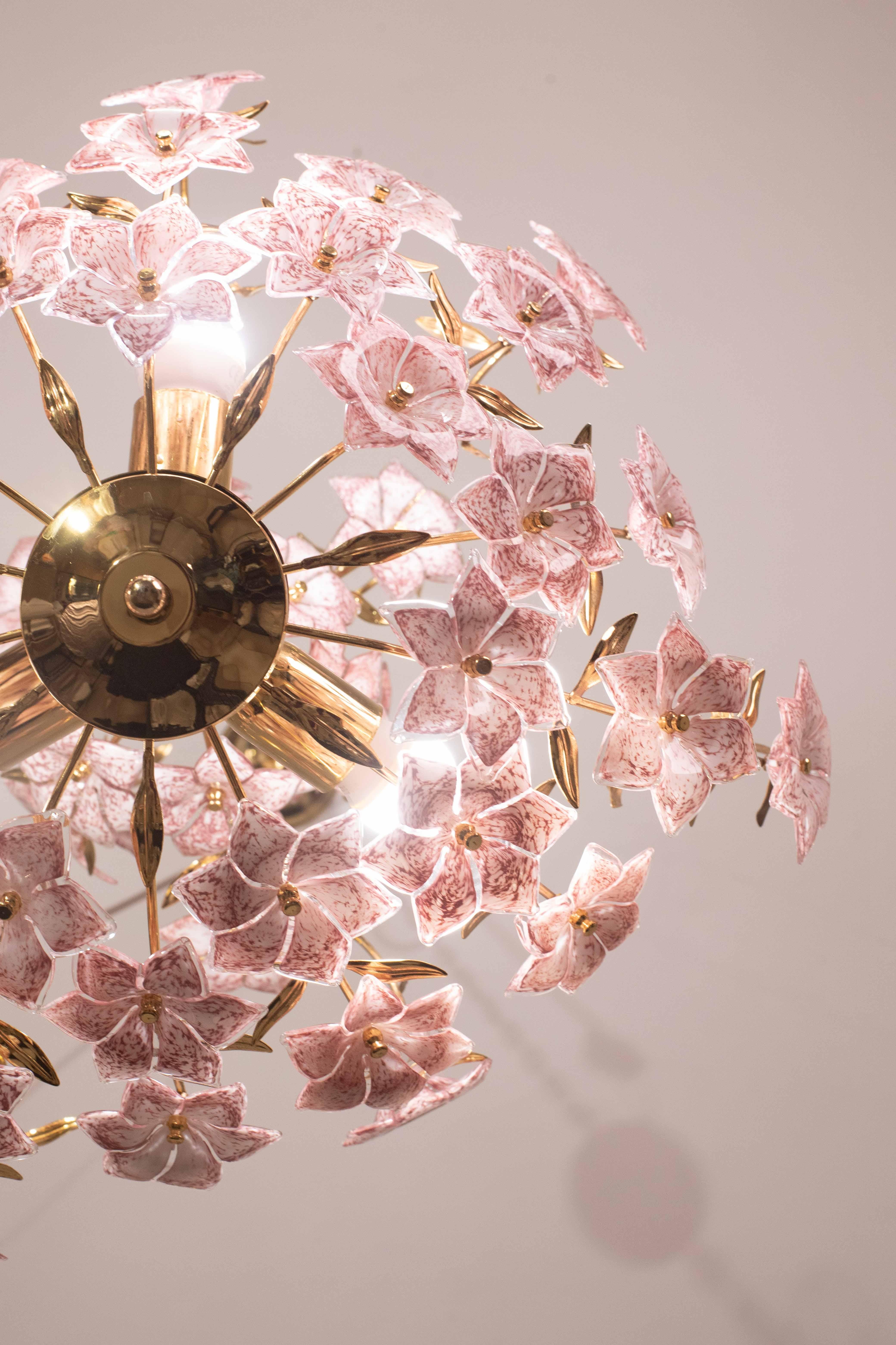 Vintage Murano Glass Chandelier Pink Flowers, 1970 For Sale 3
