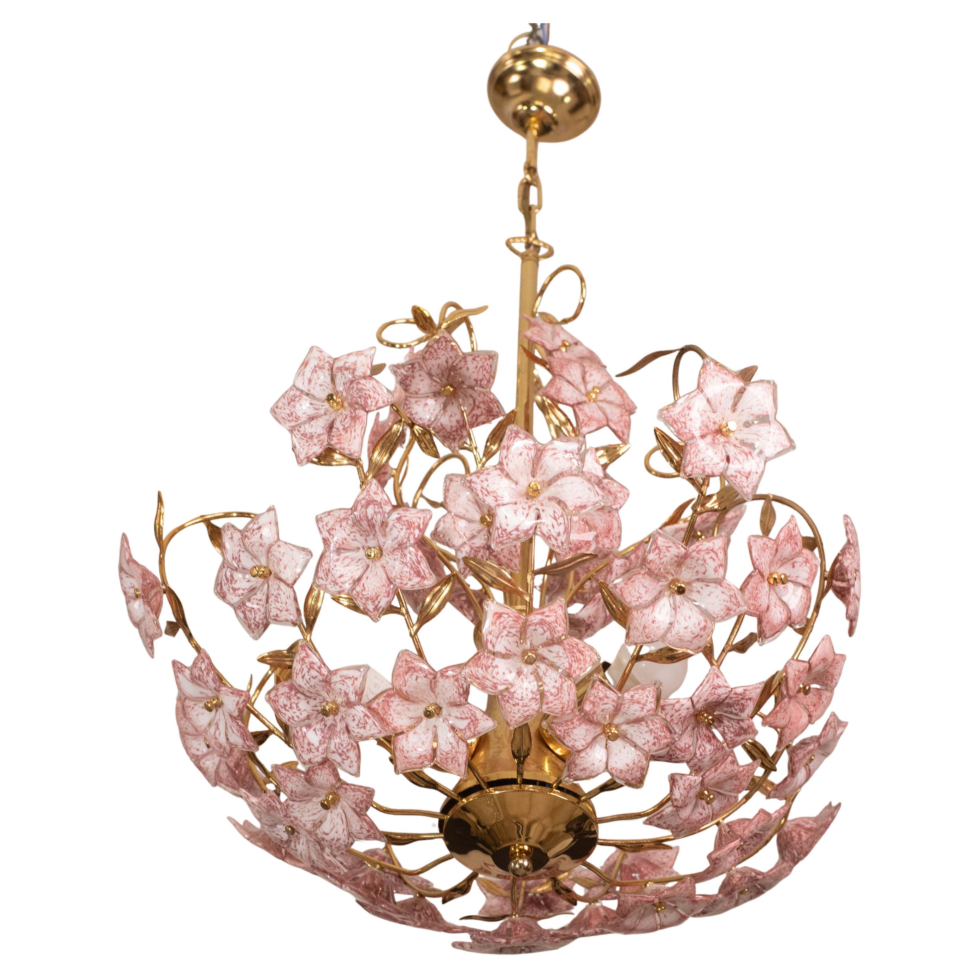 Vintage Murano Glass Chandelier Pink Flowers, 1970 For Sale