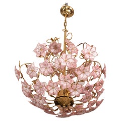Vintage Murano Glass Chandelier Pink Flowers, 1970