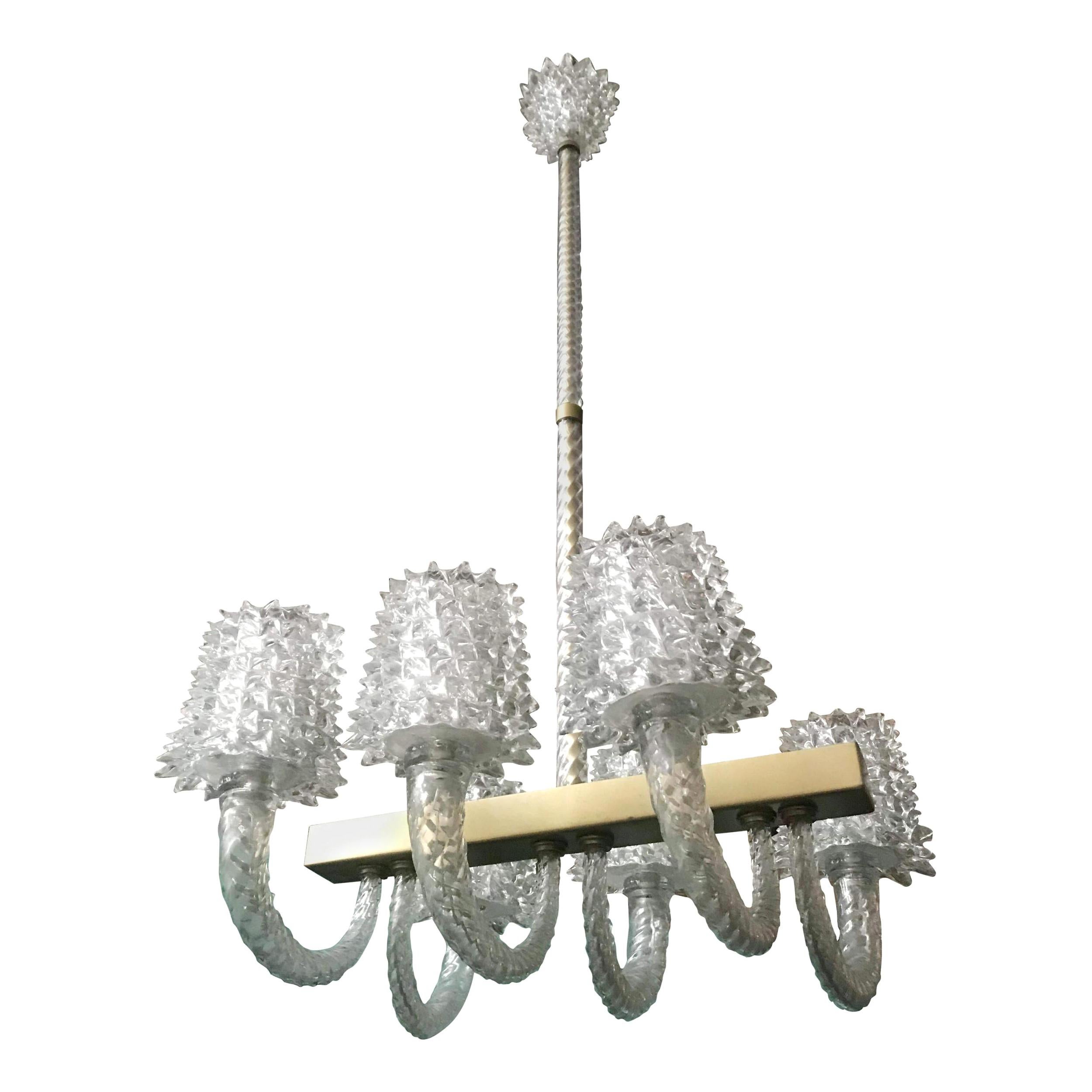Vintage Murano Glass Chandelier w/ Rostrato Glass by Barovier e Toso, 1950s For Sale