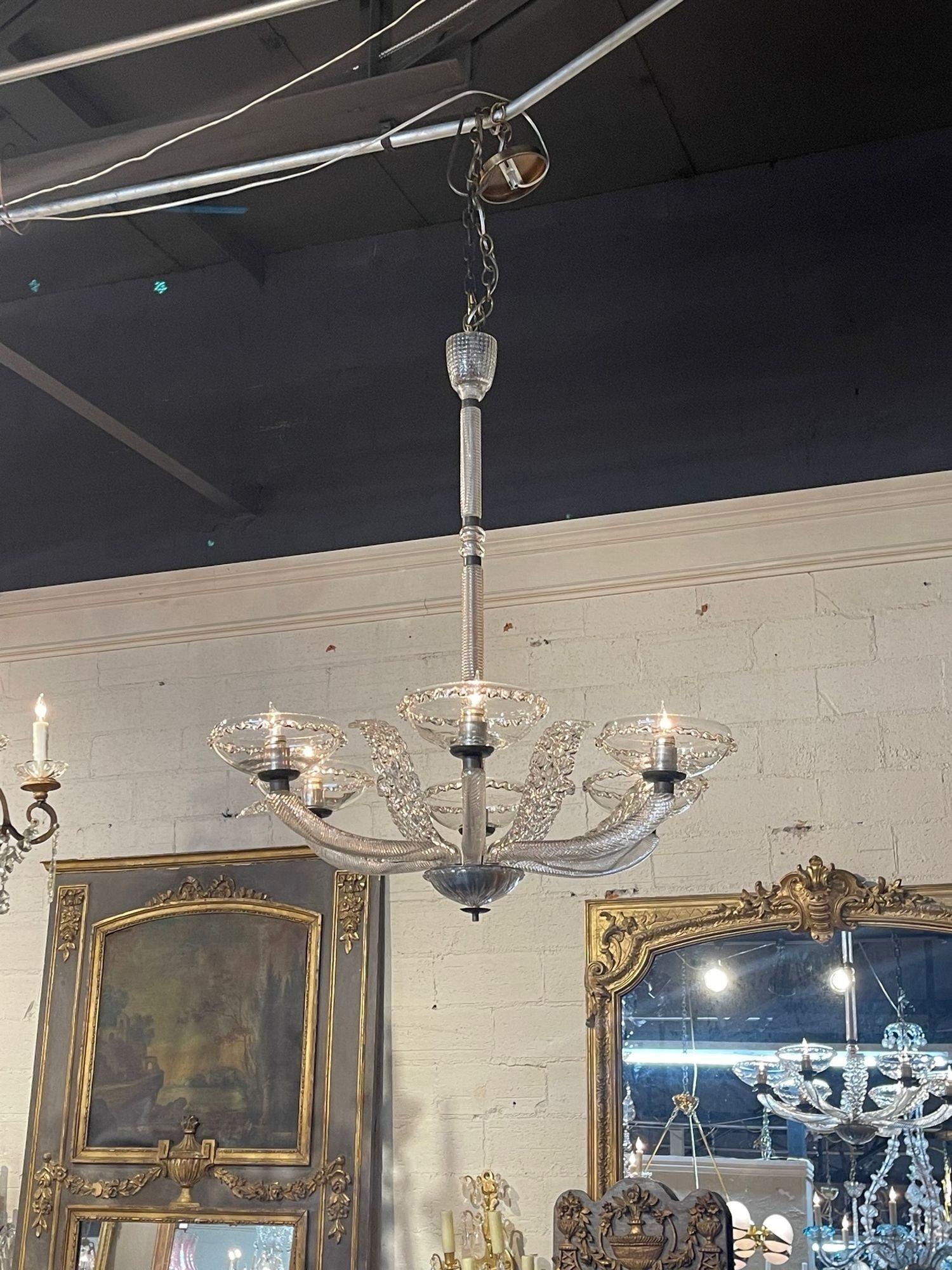 Very nice vintage Murano glass chandelier with 6 lights. Beautiful textured glass and lovely scale and shape. So pretty! Makes an elegant statement.