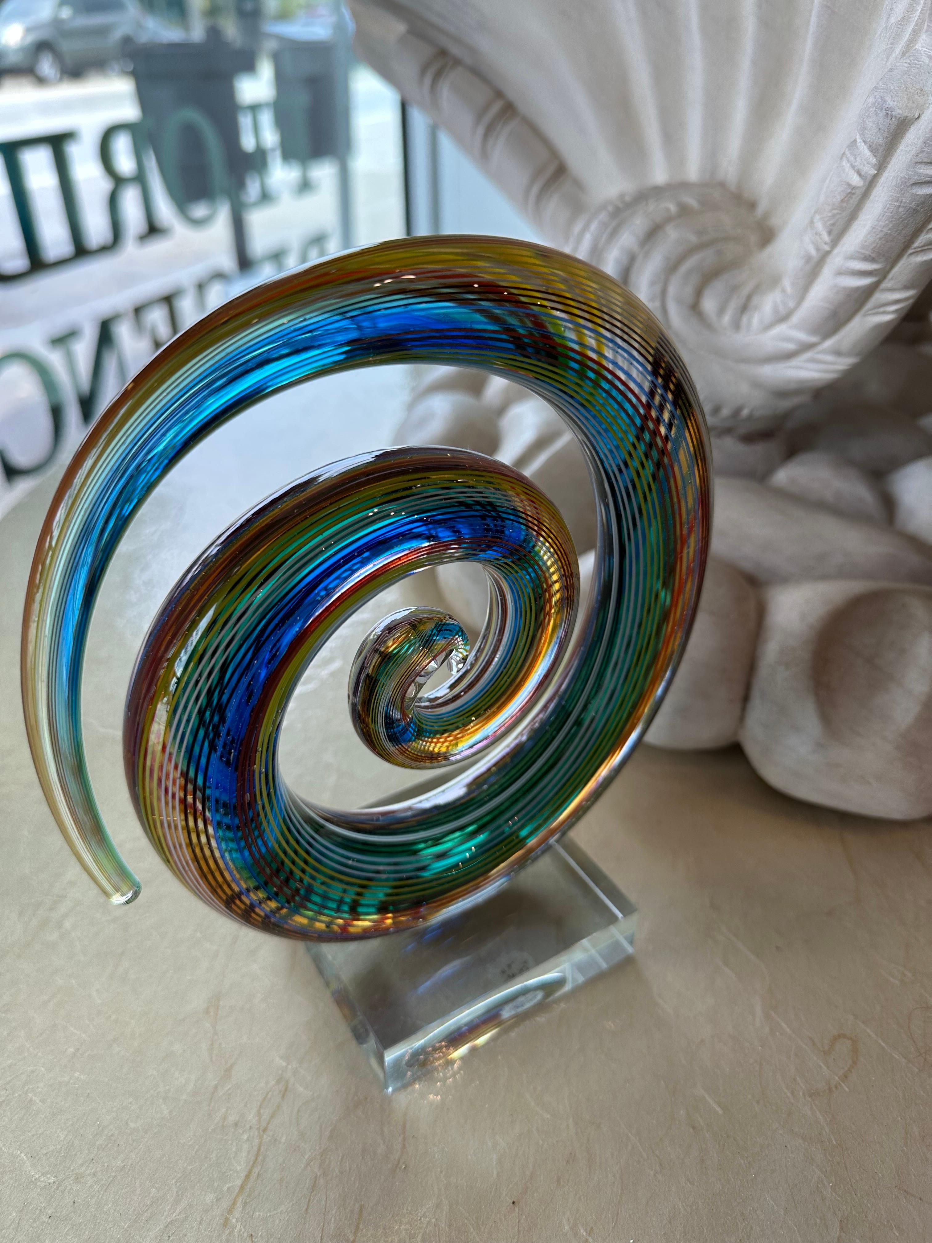 Modern Vintage Murano Glass Colorful Rainbow Swirl on Lucite Abstract Sculpture  For Sale