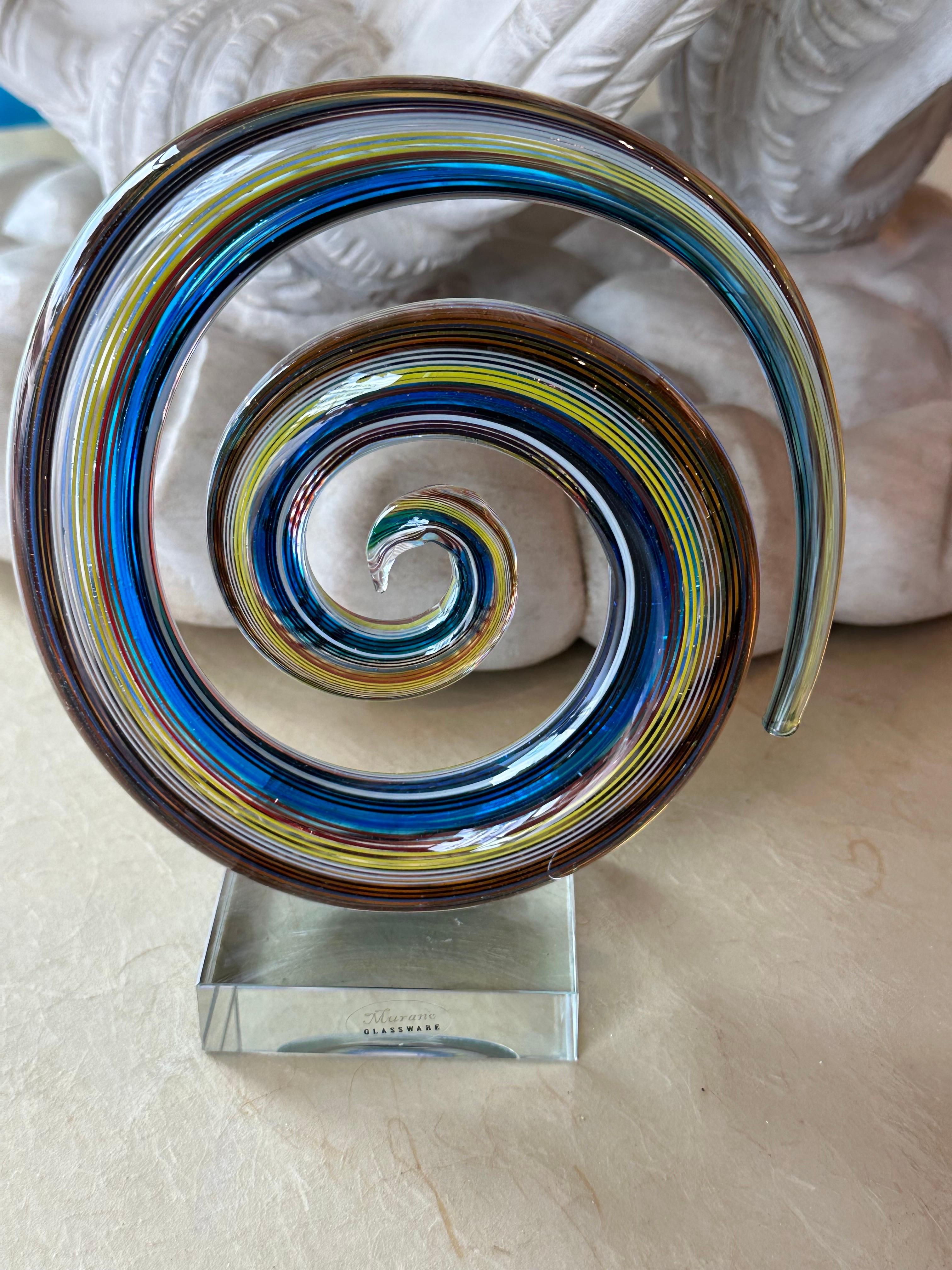Italian Vintage Murano Glass Colorful Rainbow Swirl on Lucite Abstract Sculpture  For Sale