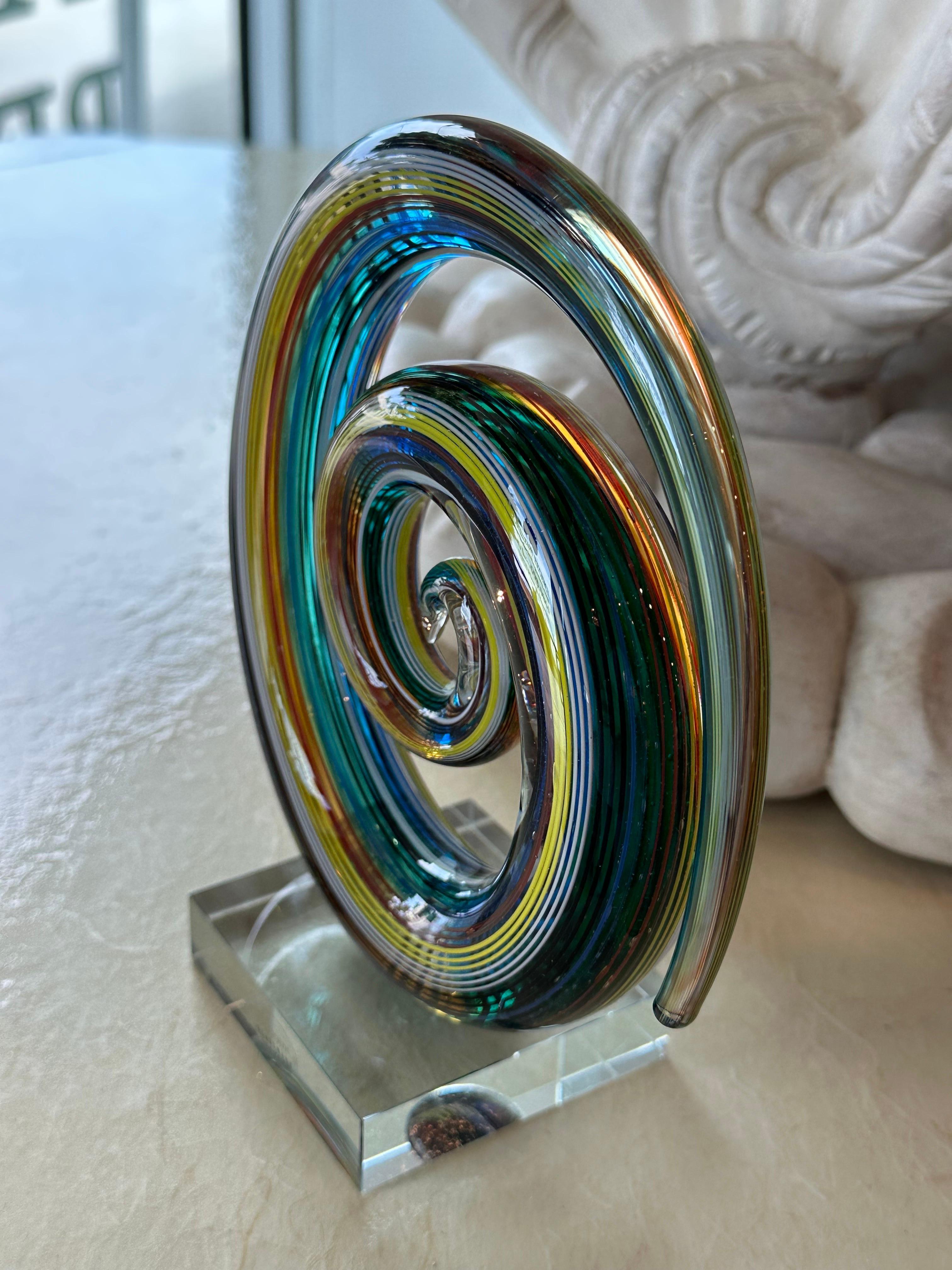 Blown Glass Vintage Murano Glass Colorful Rainbow Swirl on Lucite Abstract Sculpture  For Sale