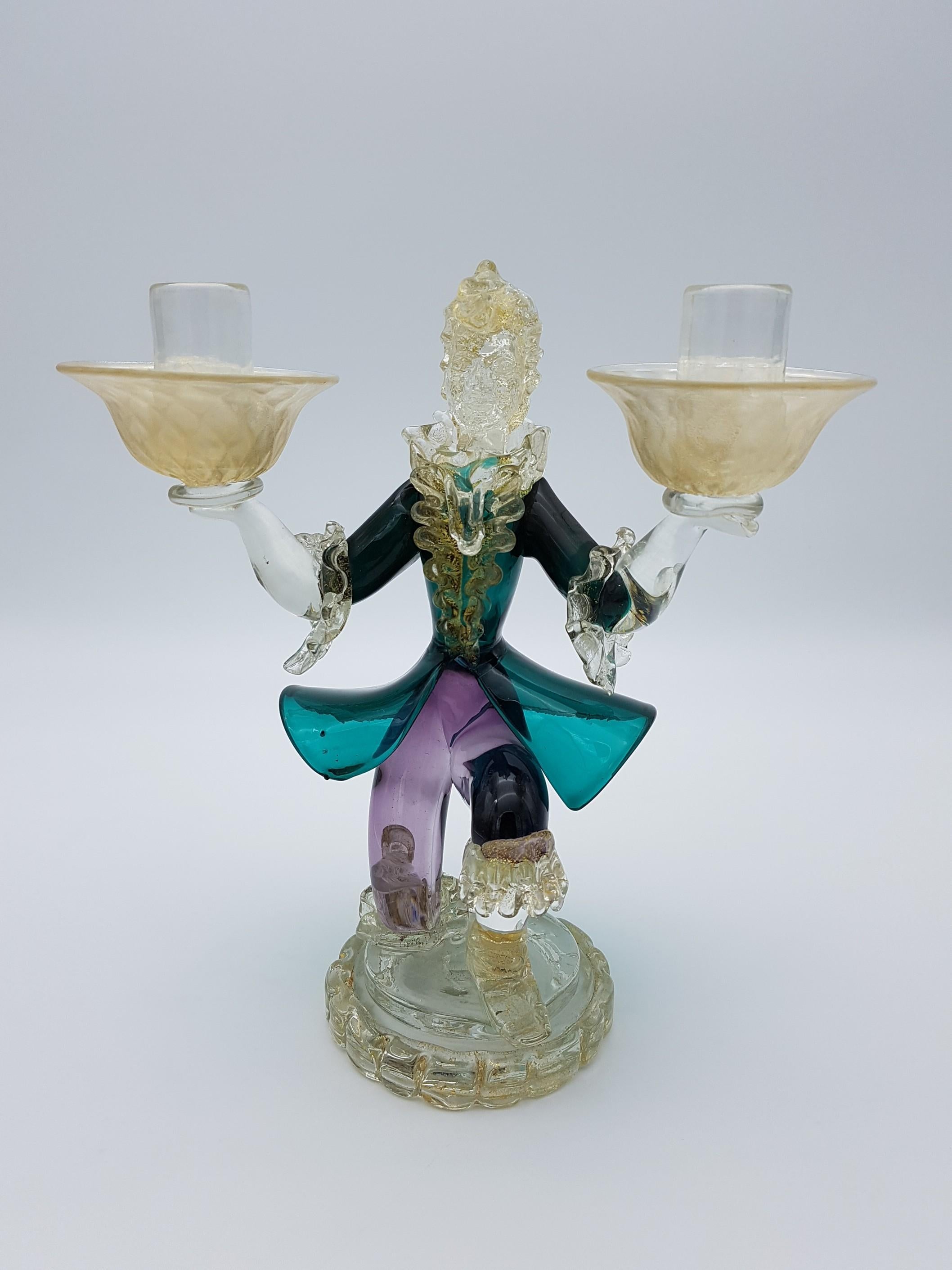 Italian Vintage Murano Glass Costumed Figurine/Candleholder, Green & Purple, by Cenedese For Sale