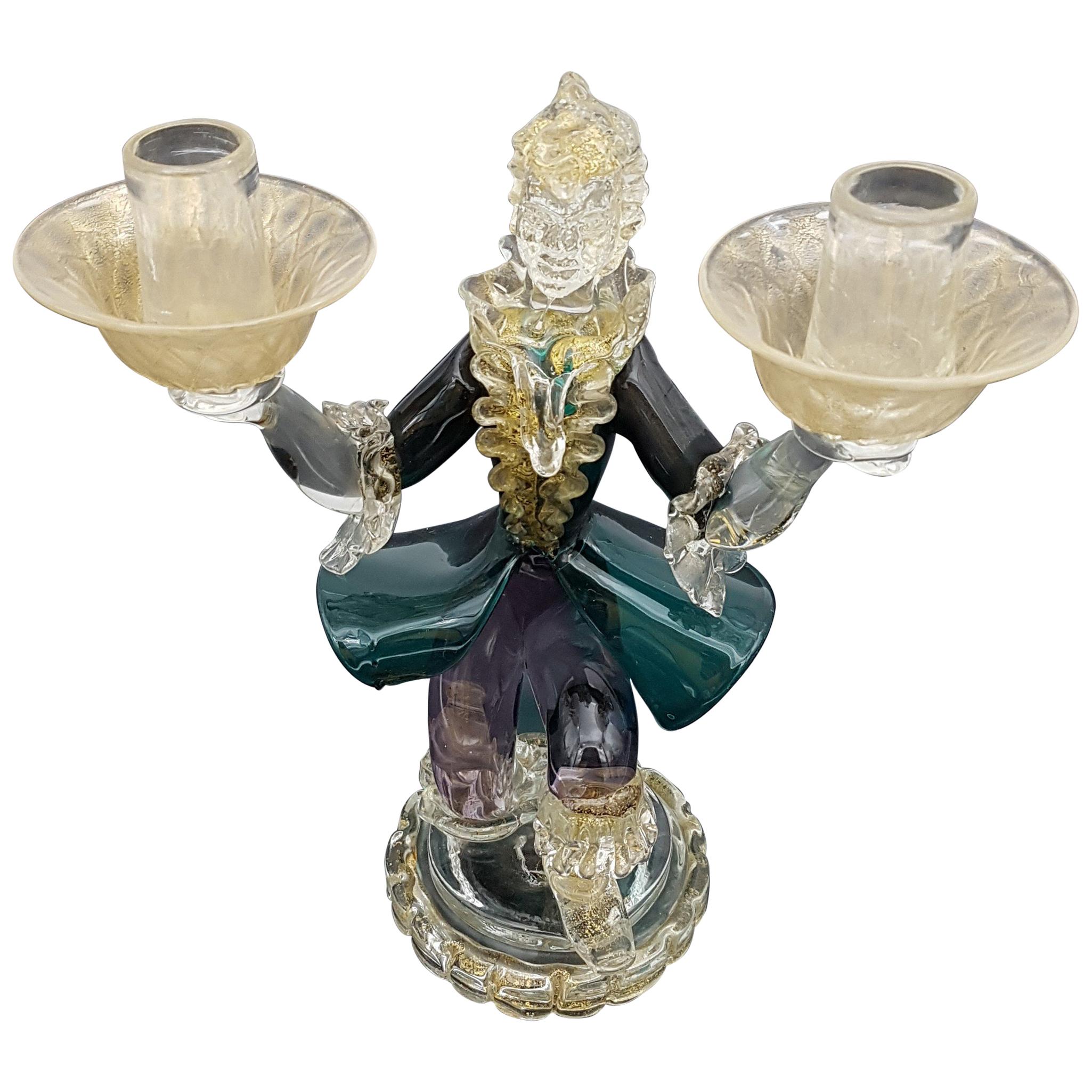 Vintage Murano Glass Costumed Figurine/Candleholder, Green & Purple, by Cenedese For Sale