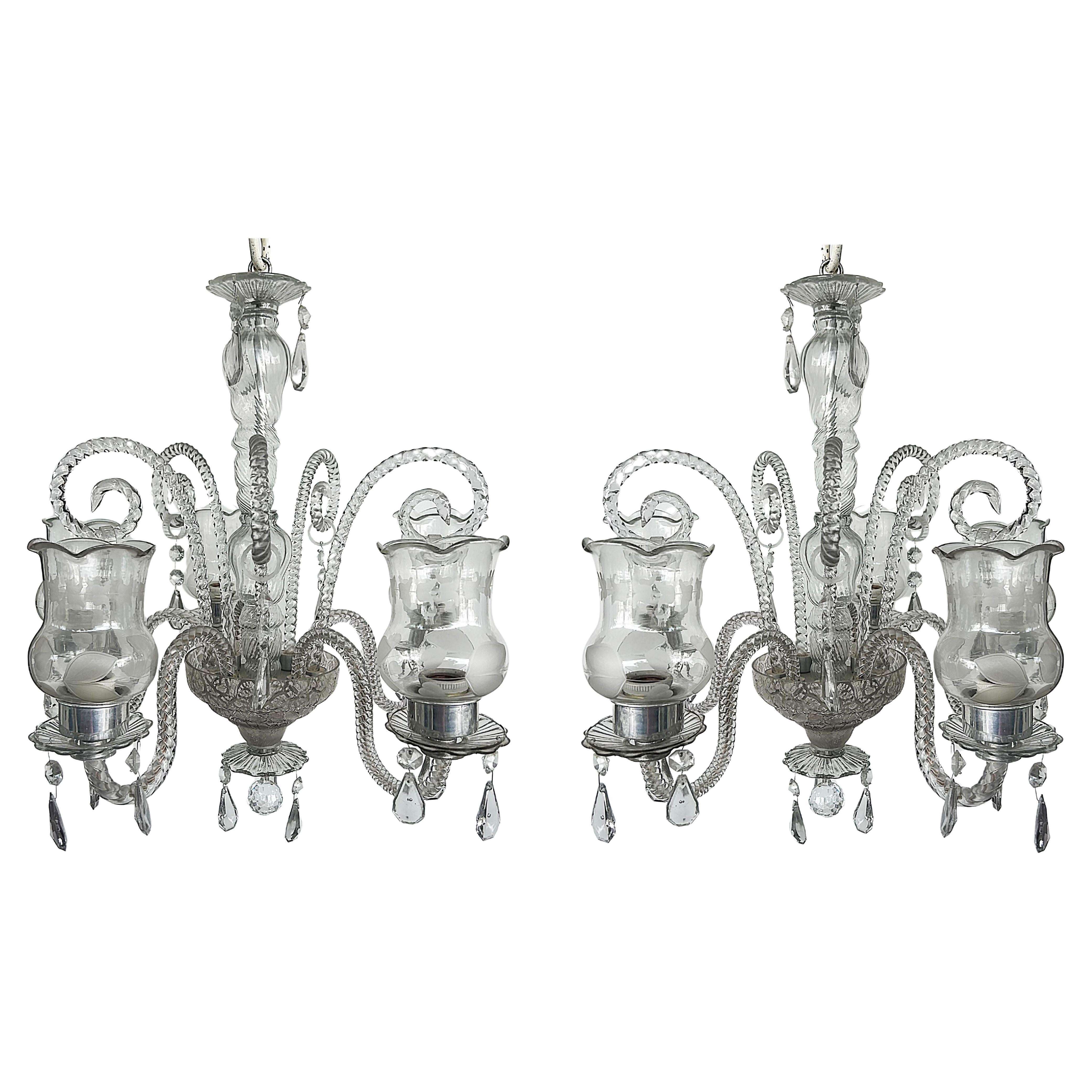 Vintage Murano Glass Crystal Chandeliers, Hurricane Shades, (2) Available For Sale
