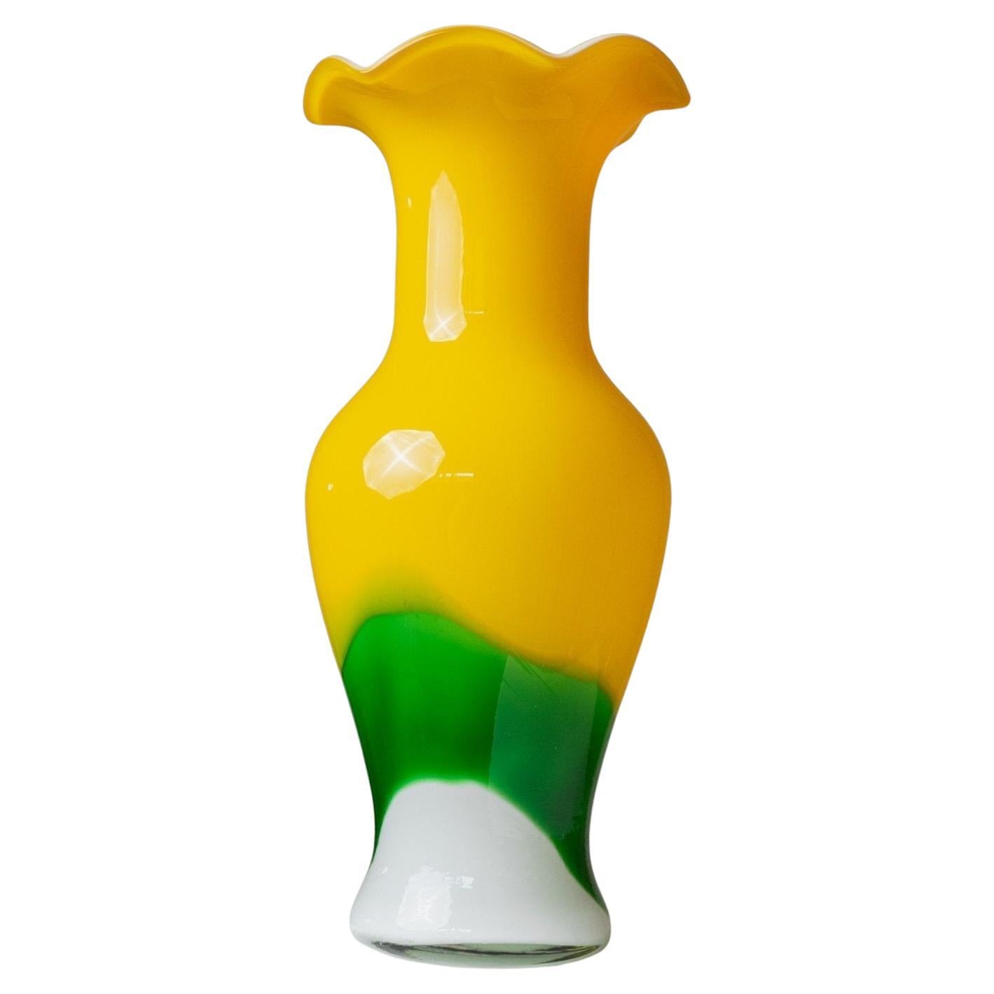 Vaso Fenton in vetro di Murano vintage, multicolore giallo bianco verde, anni
70