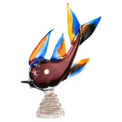 Vintage Murano glass Fish Sculpture in amethyst, blue and orange, Italy in stock