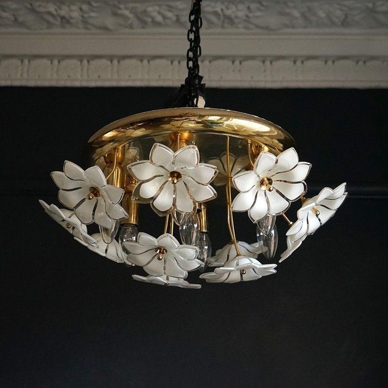 Vintage Murano Glass Flower and Gilt Flushmount Ceiling Light, 1970s In Good Condition In Bristol, GB