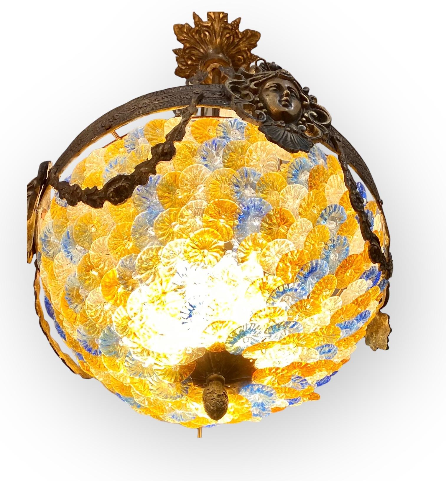 Vintage Murano Glass Flowers and Bronze Chandelier For Sale 3