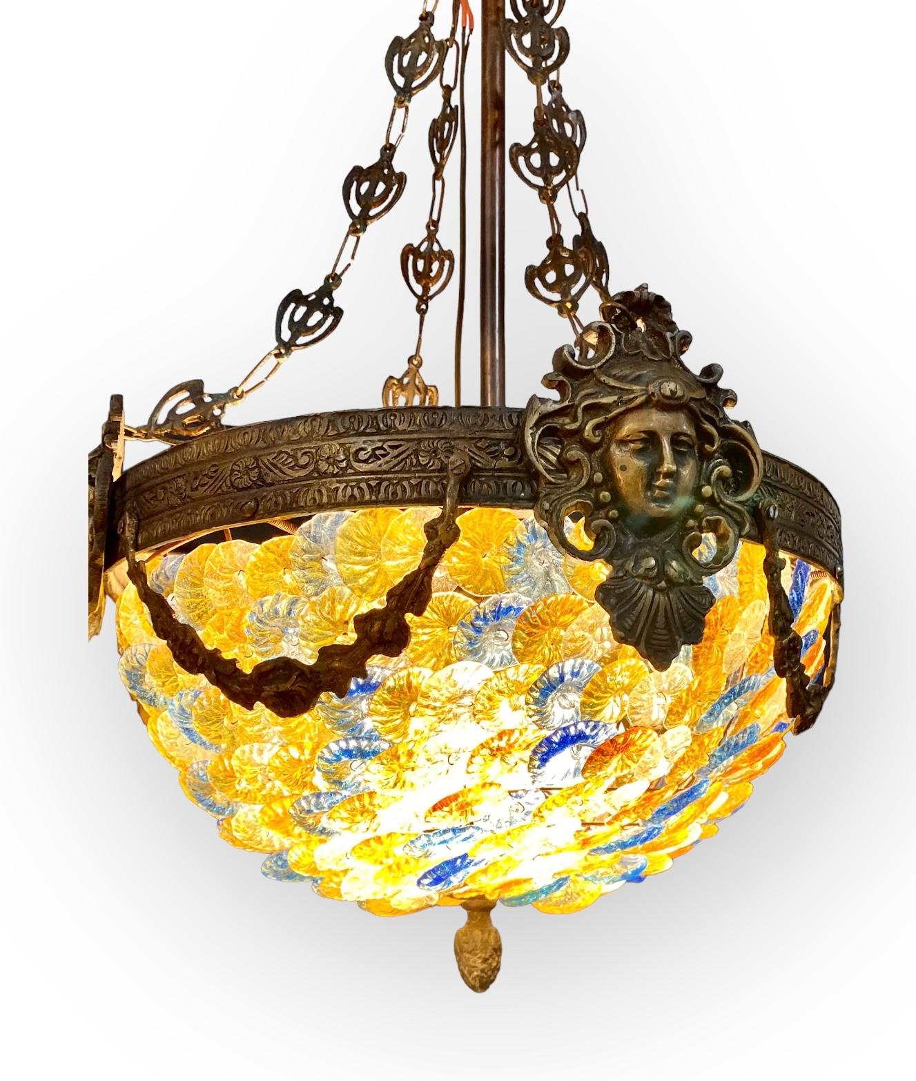 Vintage Murano Glass Flowers and Bronze Chandelier For Sale 4