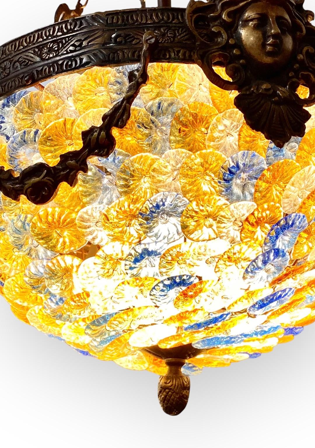 Vintage Murano Glass Flowers and Bronze Chandelier For Sale 5